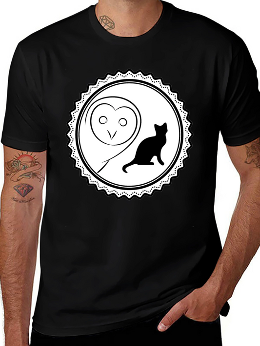 Owl and Cat Graphic Tee - Black Cotton