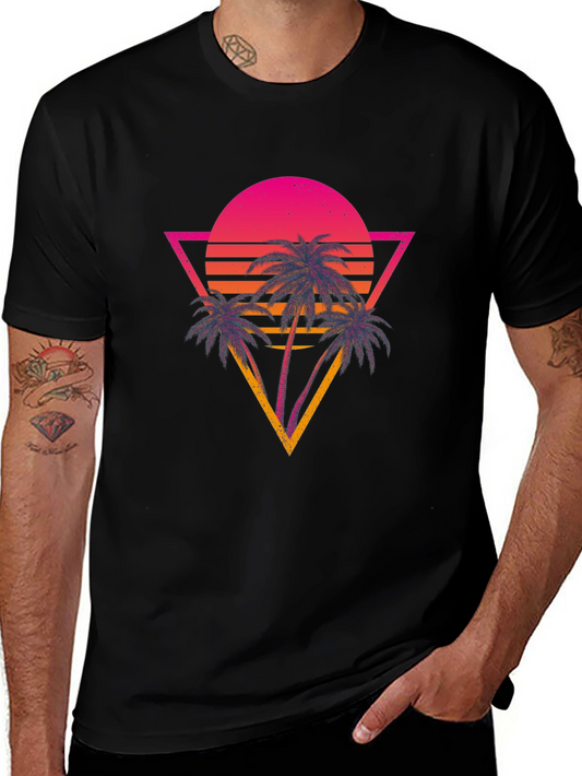 Retro Sunset Palm Tree Graphic Tee - Black