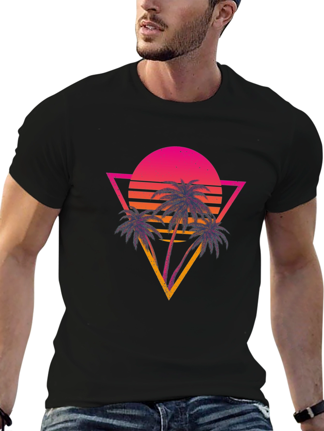 Retro Sunset Palm Tree Graphic Tee - Black