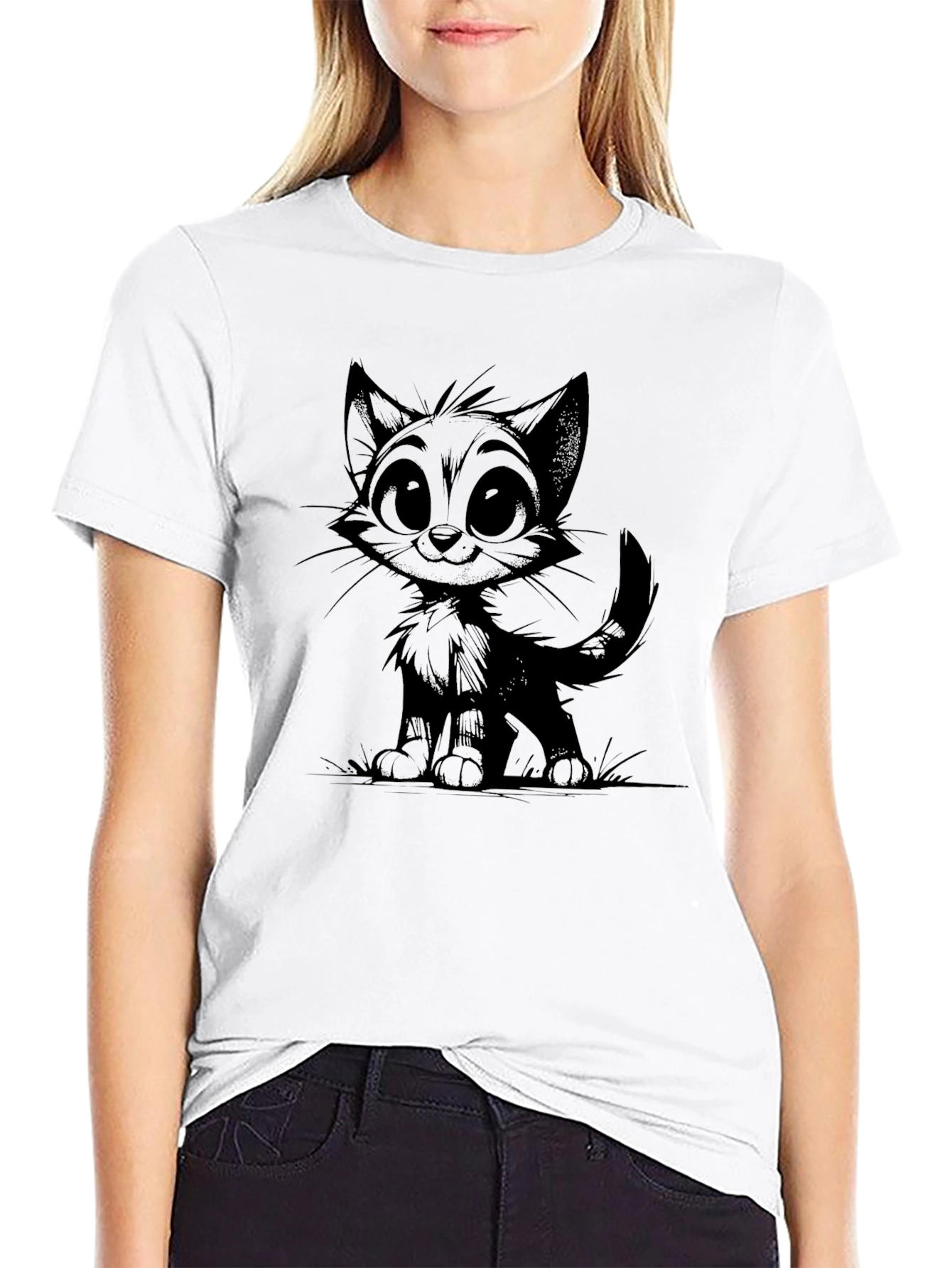 Cartoon Cat Graphic Print Black T-Shirt