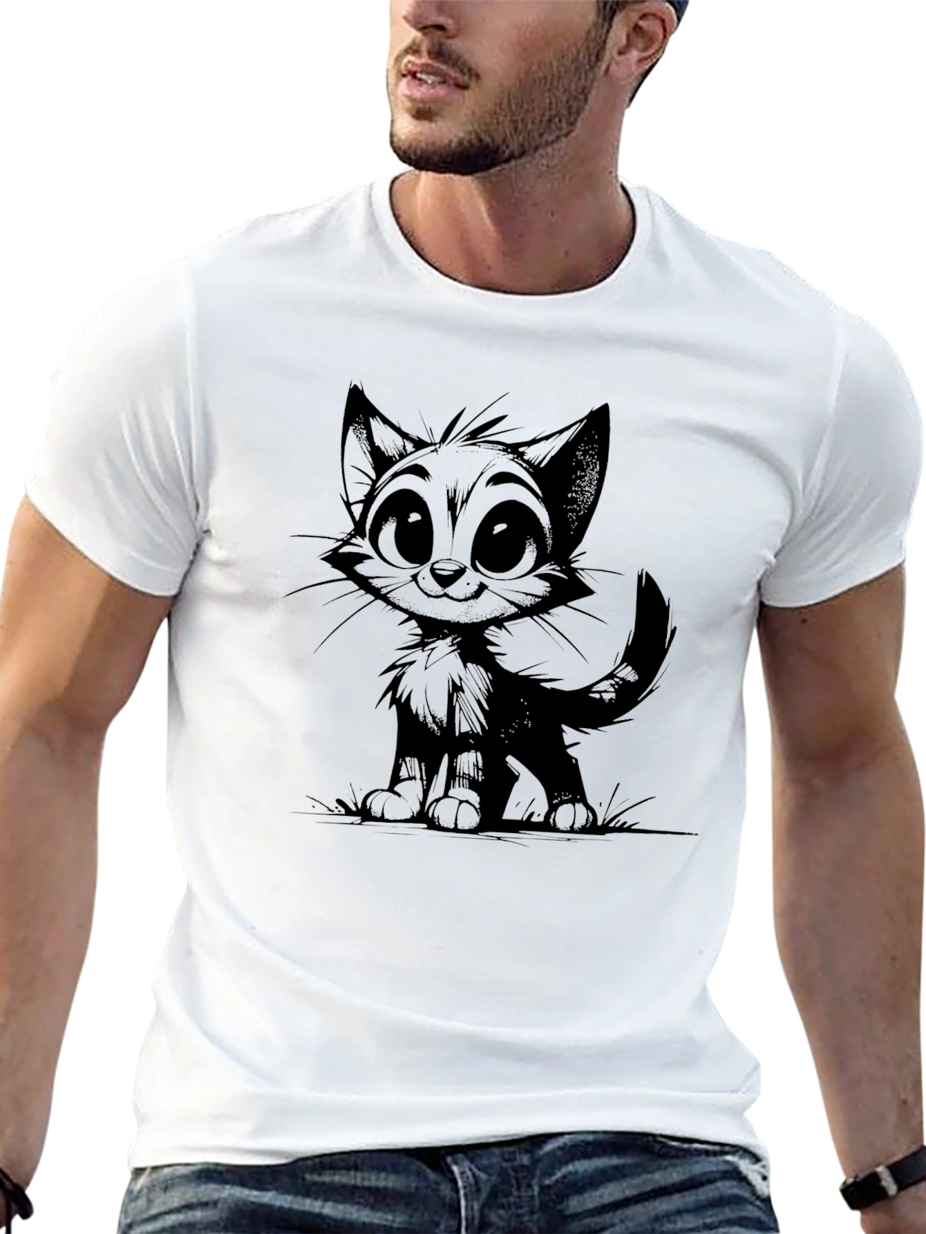 Cartoon Cat Graphic Print Black T-Shirt