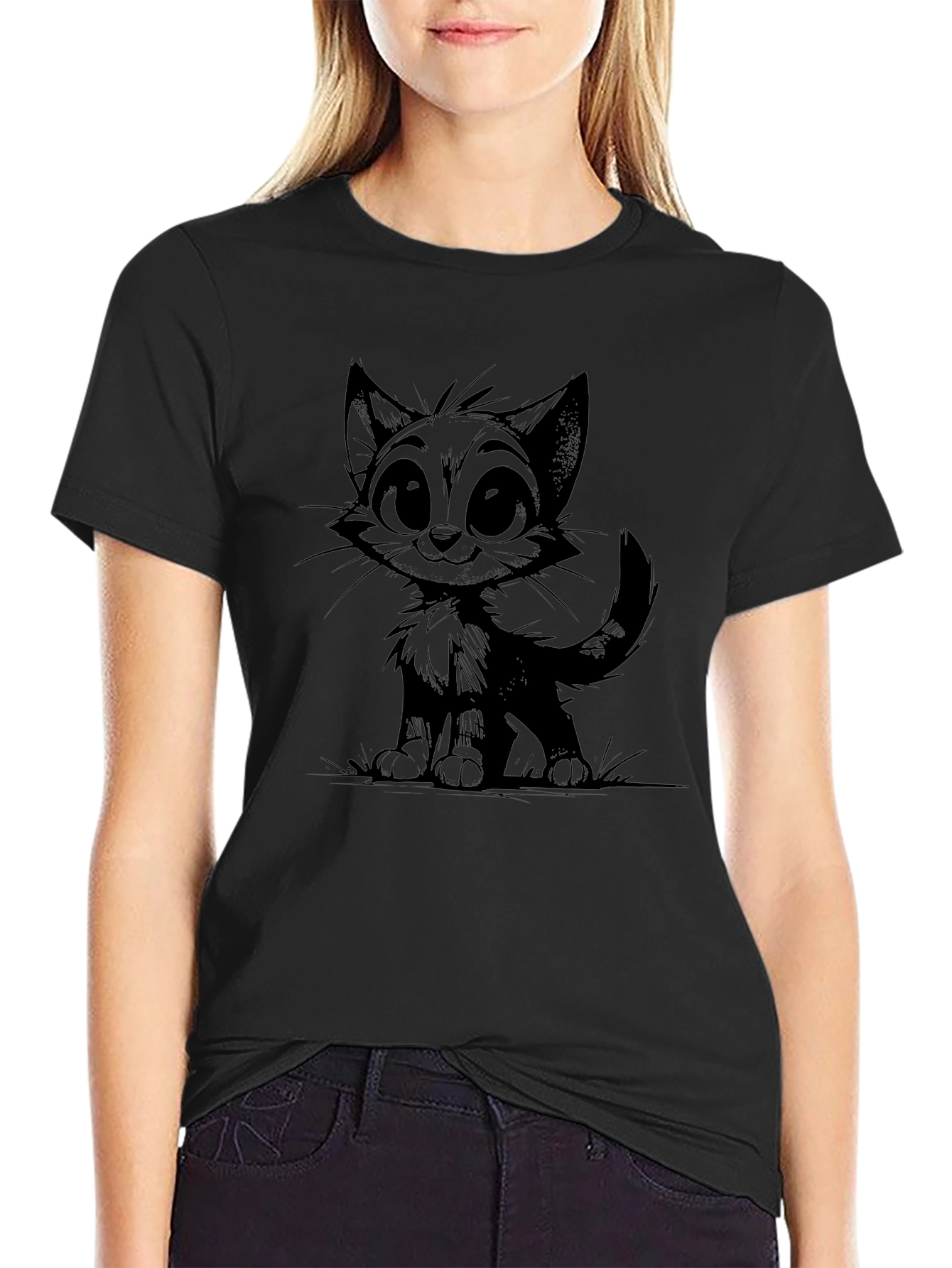 Cartoon Cat Graphic Print Black T-Shirt