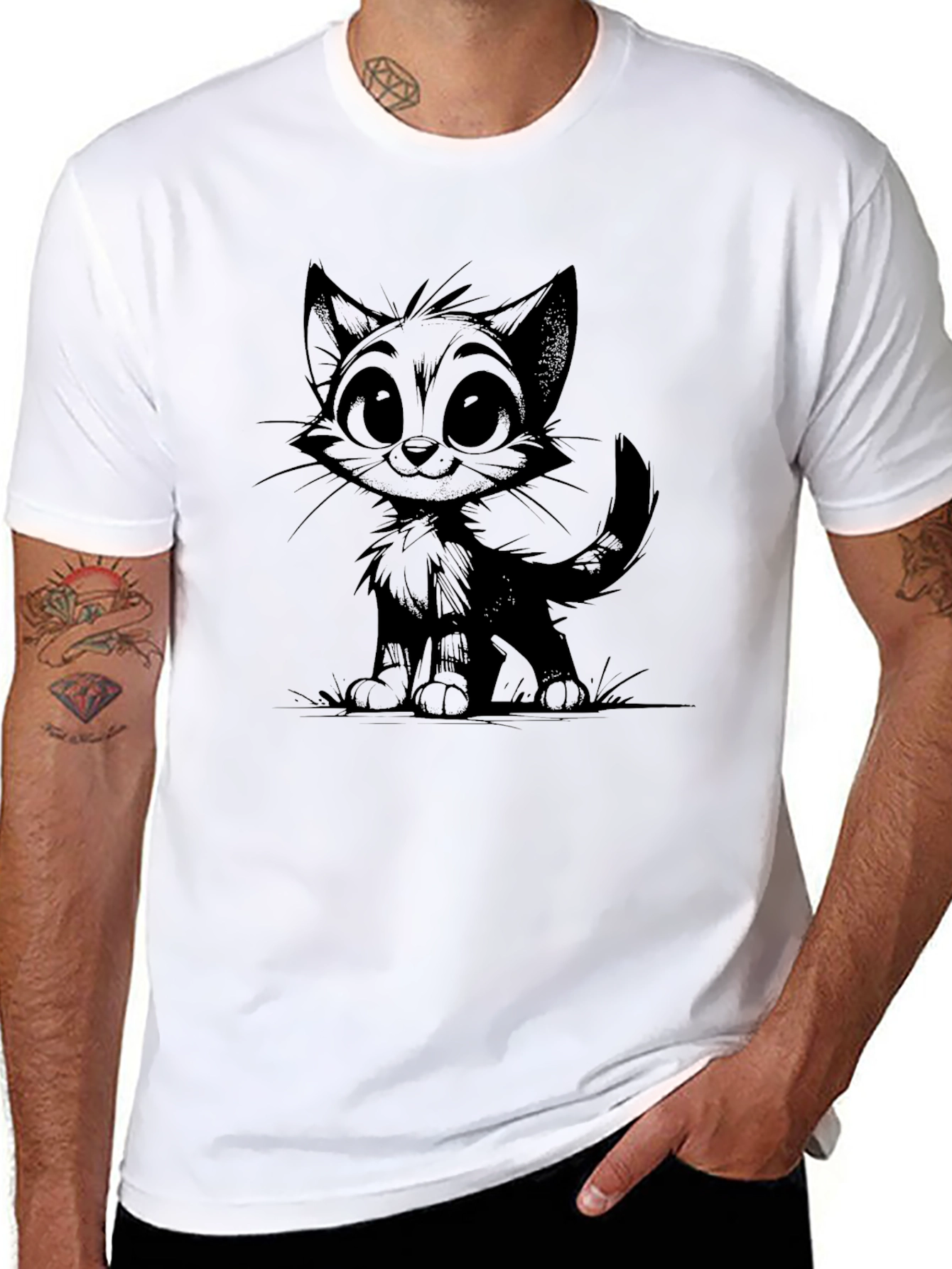 Cartoon Cat Graphic Print Black T-Shirt