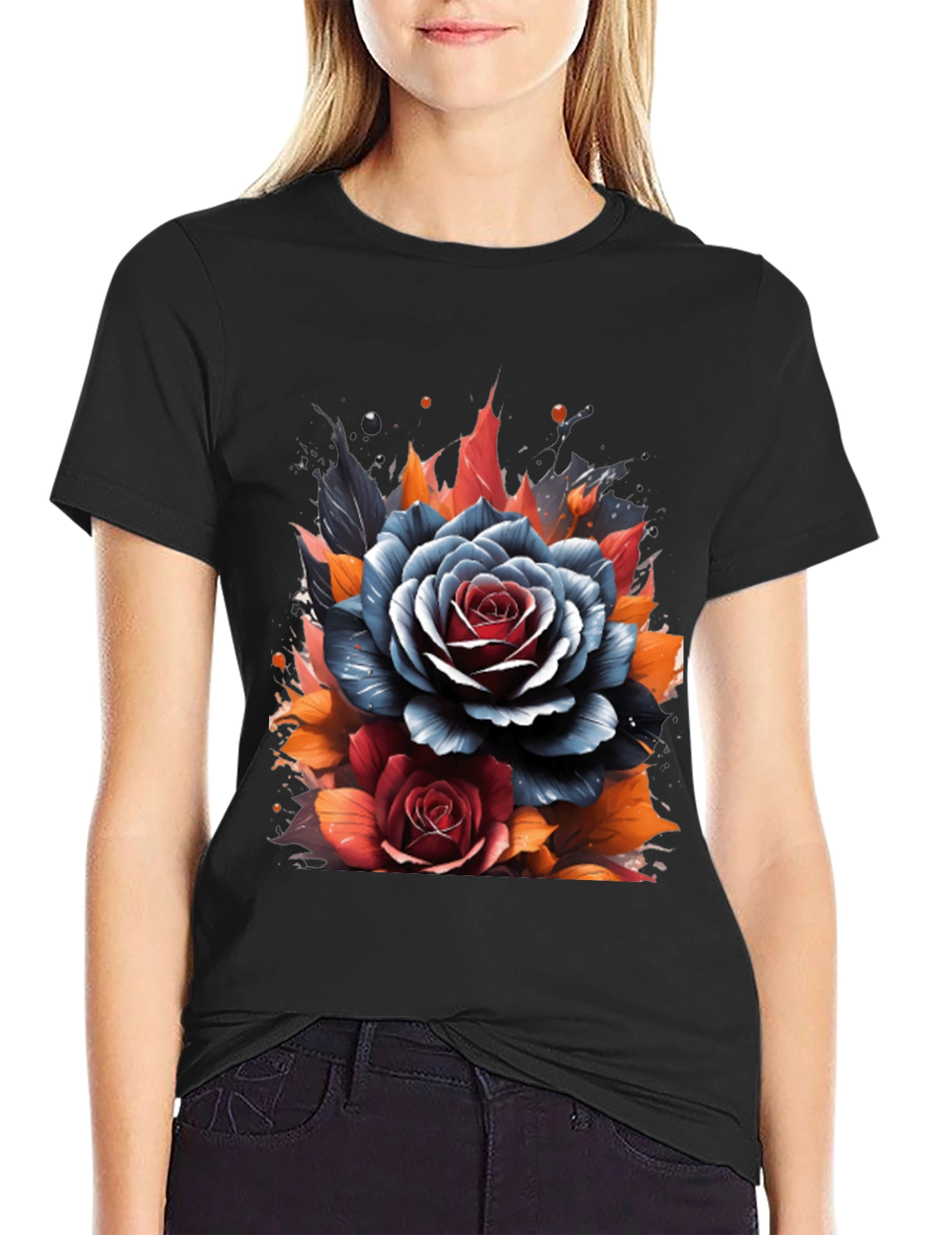 Floral Roses Graphic Print Black T-Shirt