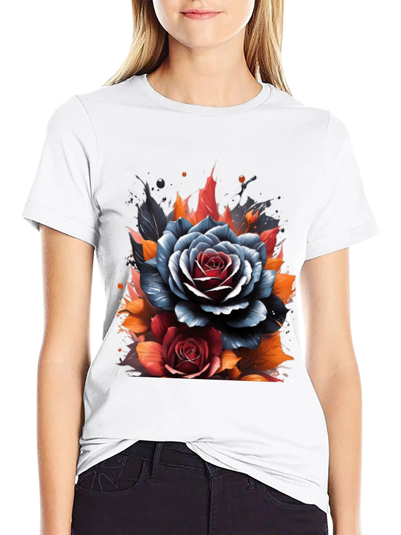 Floral Roses Graphic Print Black T-Shirt