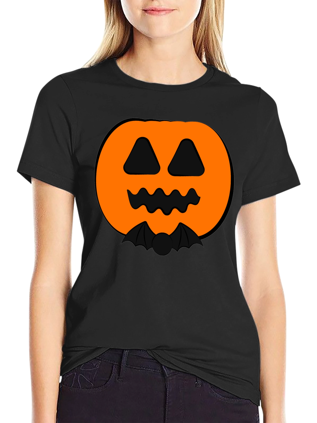 Halloween Pumpkin Bat Graphic Black T-Shirt