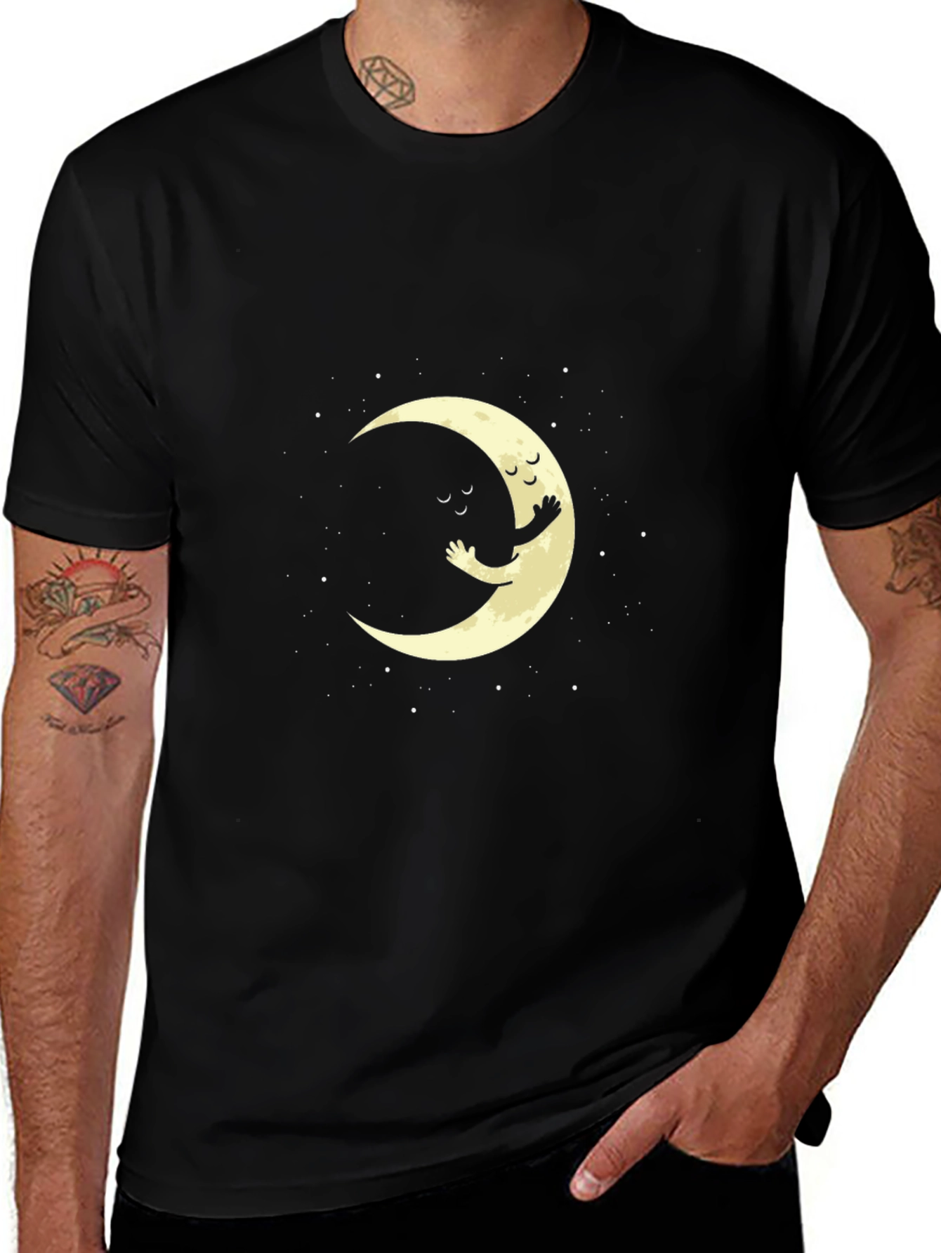 Cute Moon Hug Graphic T-Shirt - Black