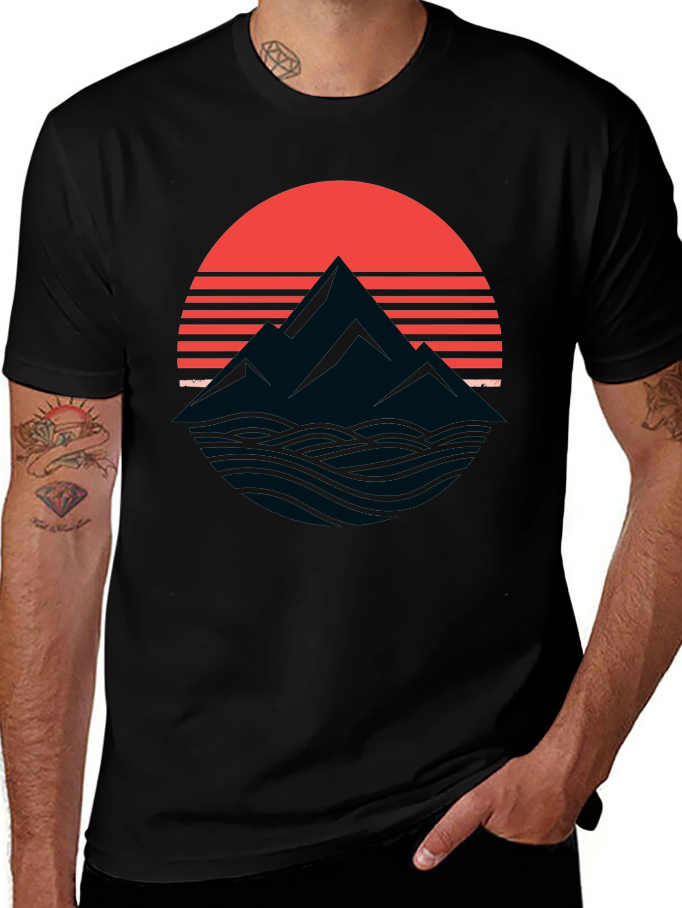 Retro Mountain Sunset Graphic T-Shirt - Black