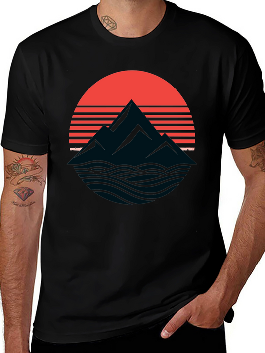 Retro Mountain Sunset Graphic T-Shirt - Black