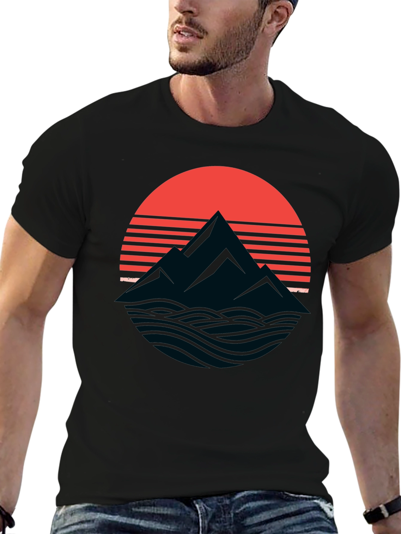 Retro Mountain Sunset Graphic T-Shirt - Black