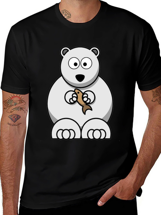 Polar Bear with Fish Graphic Tee - Black Cotton T-Shirt