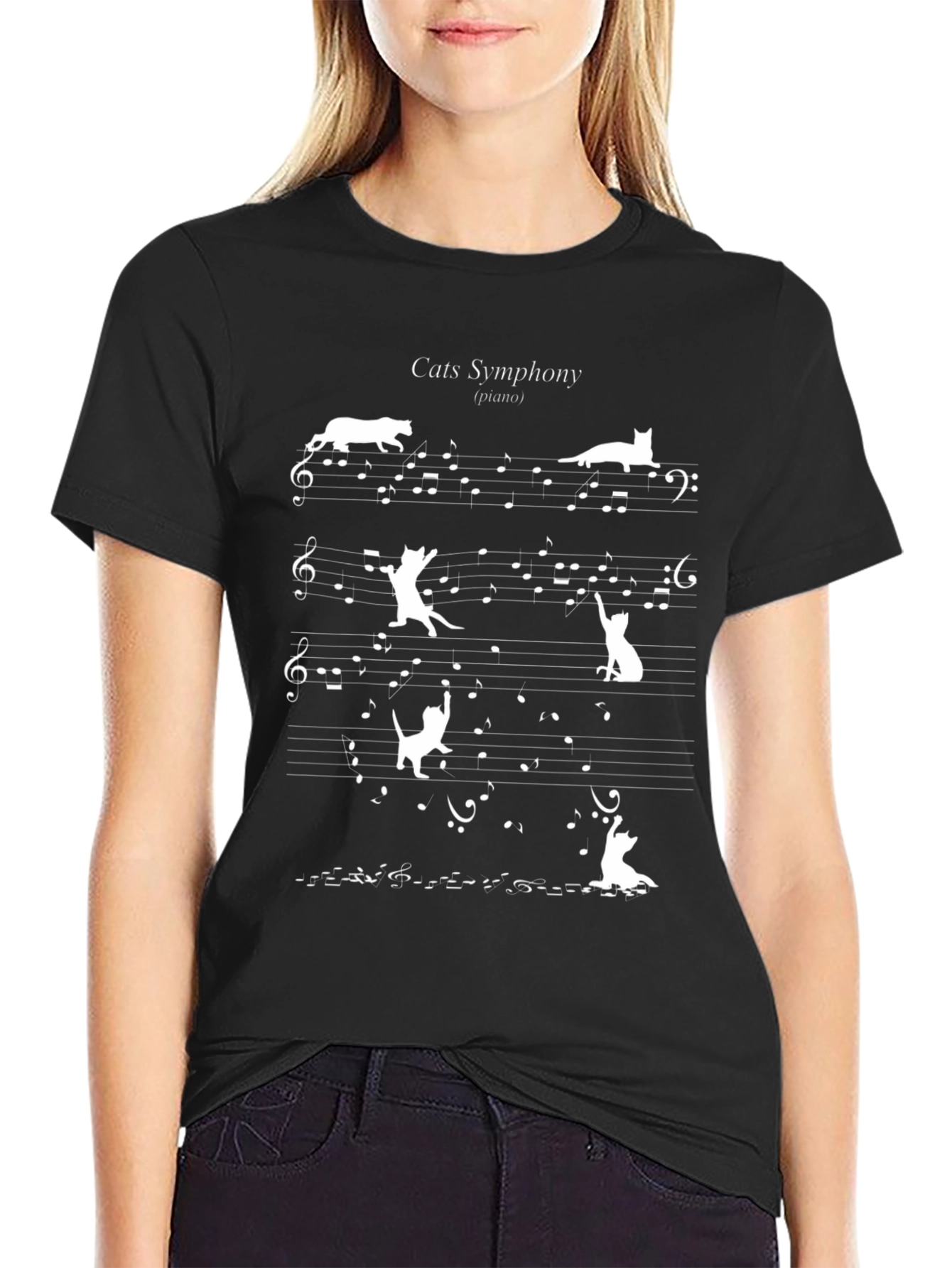 Cats Symphony Black T-Shirt - Musical Feline Design