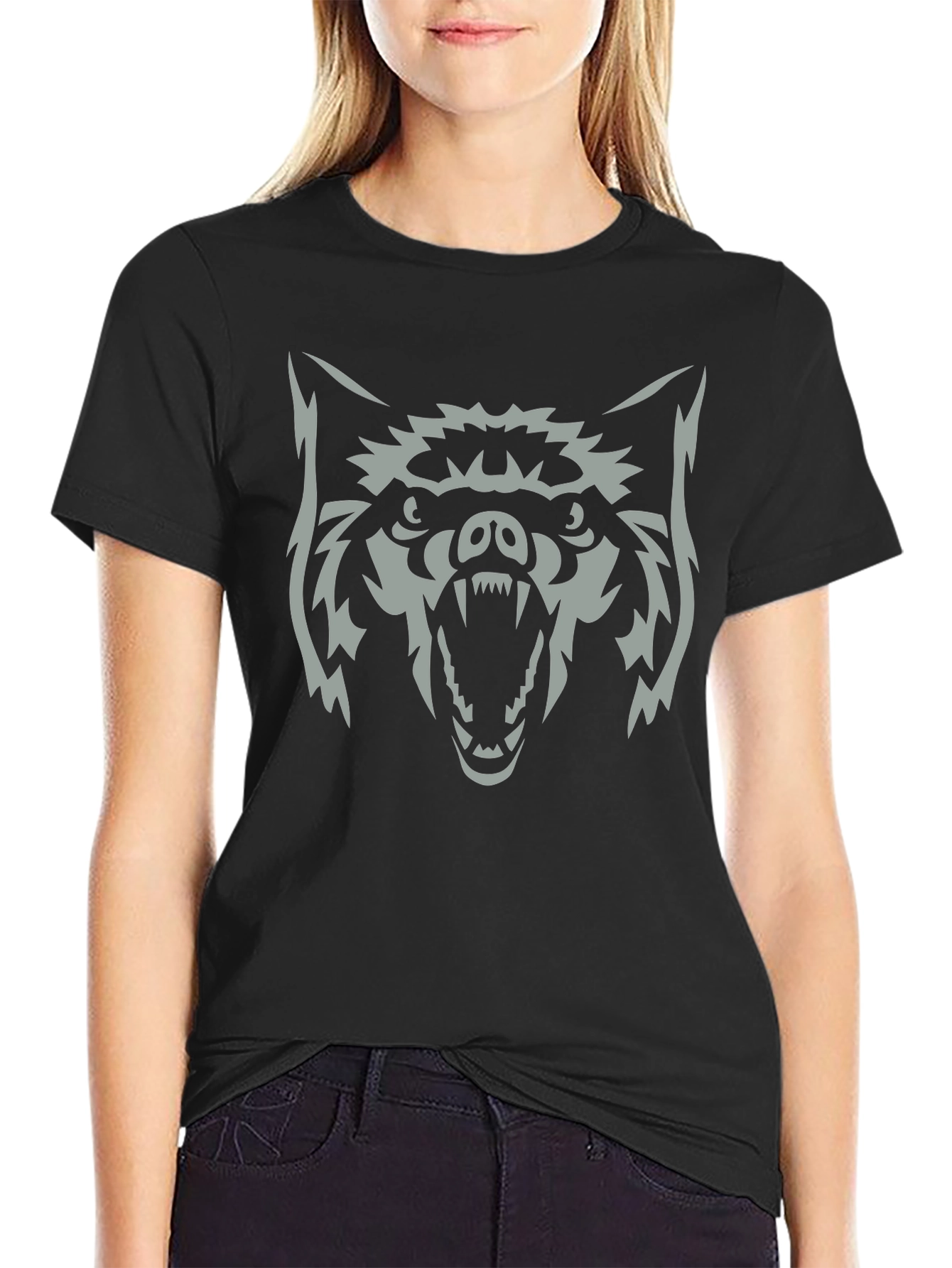 Mens Black T-Shirt with Wolf Graphic