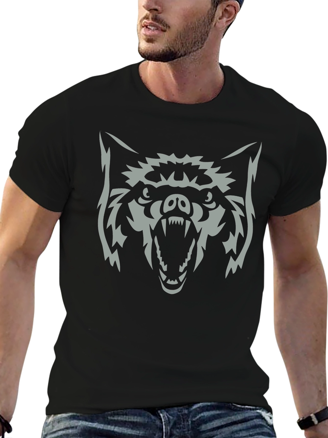 Mens Black T-Shirt with Wolf Graphic