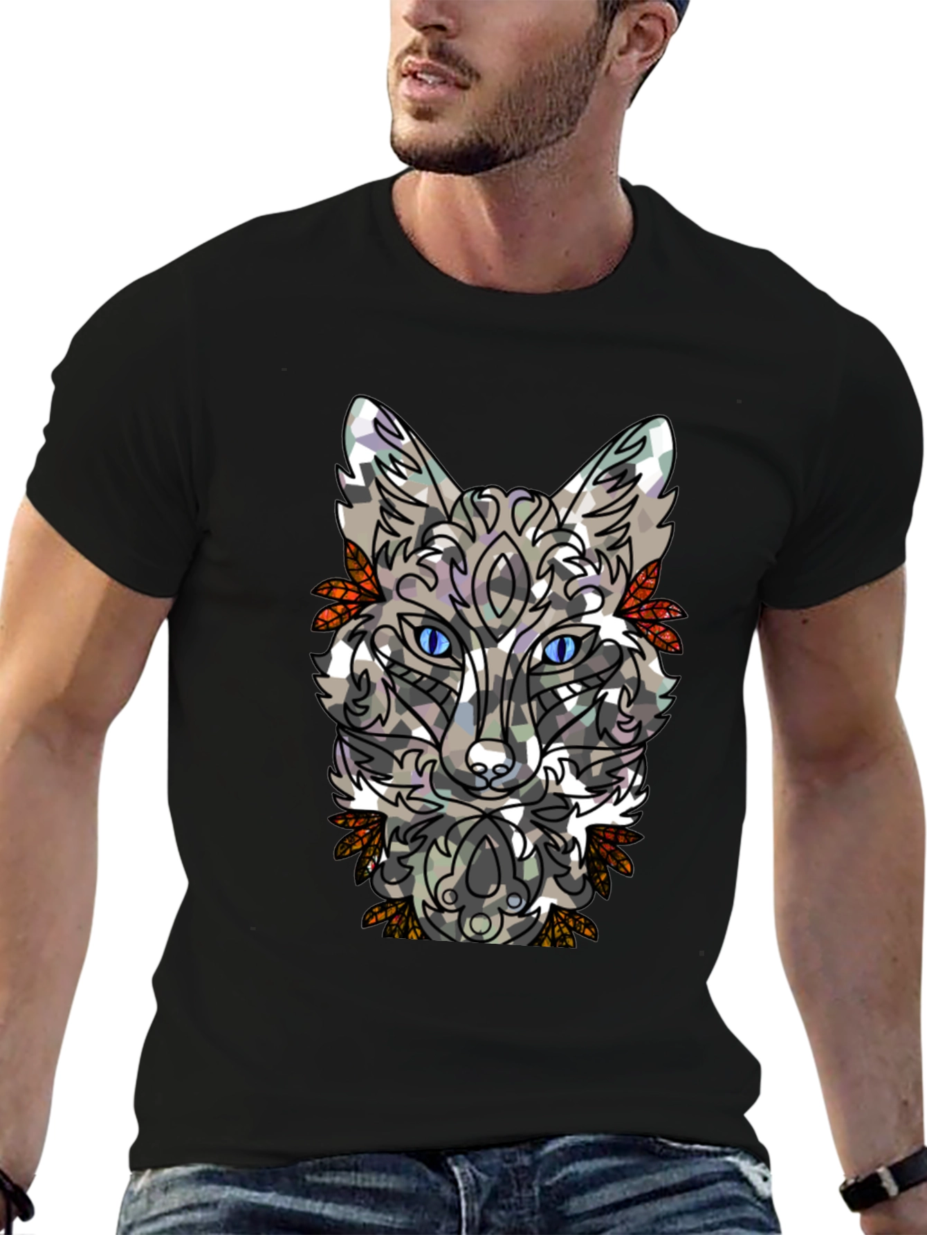 Abstract Fox Graphic Mens Black T-Shirt