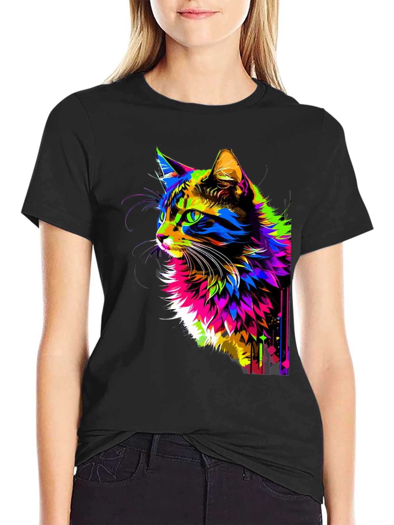 Vibrant Cat Graphic Black T-Shirt