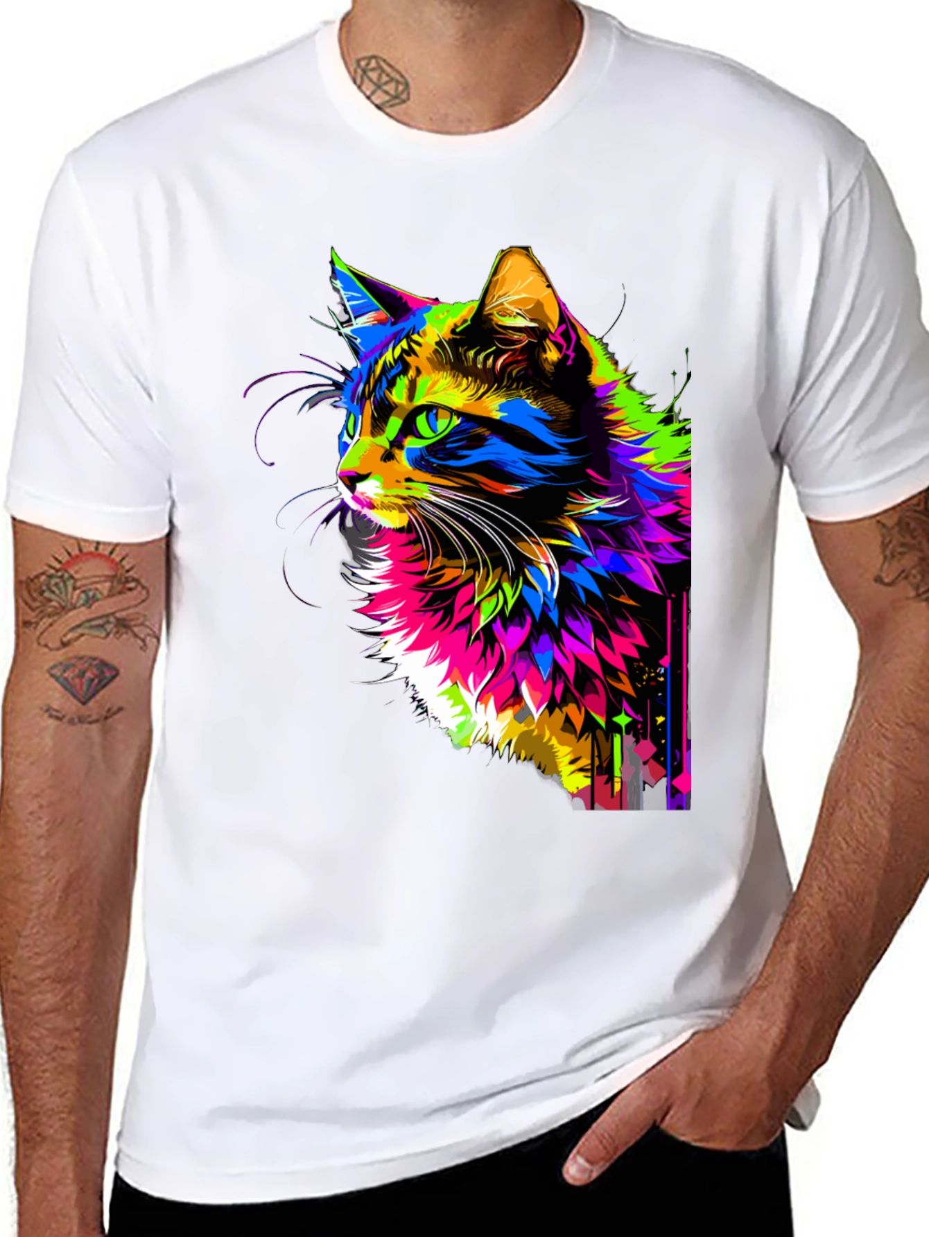 Vibrant Cat Graphic Black T-Shirt