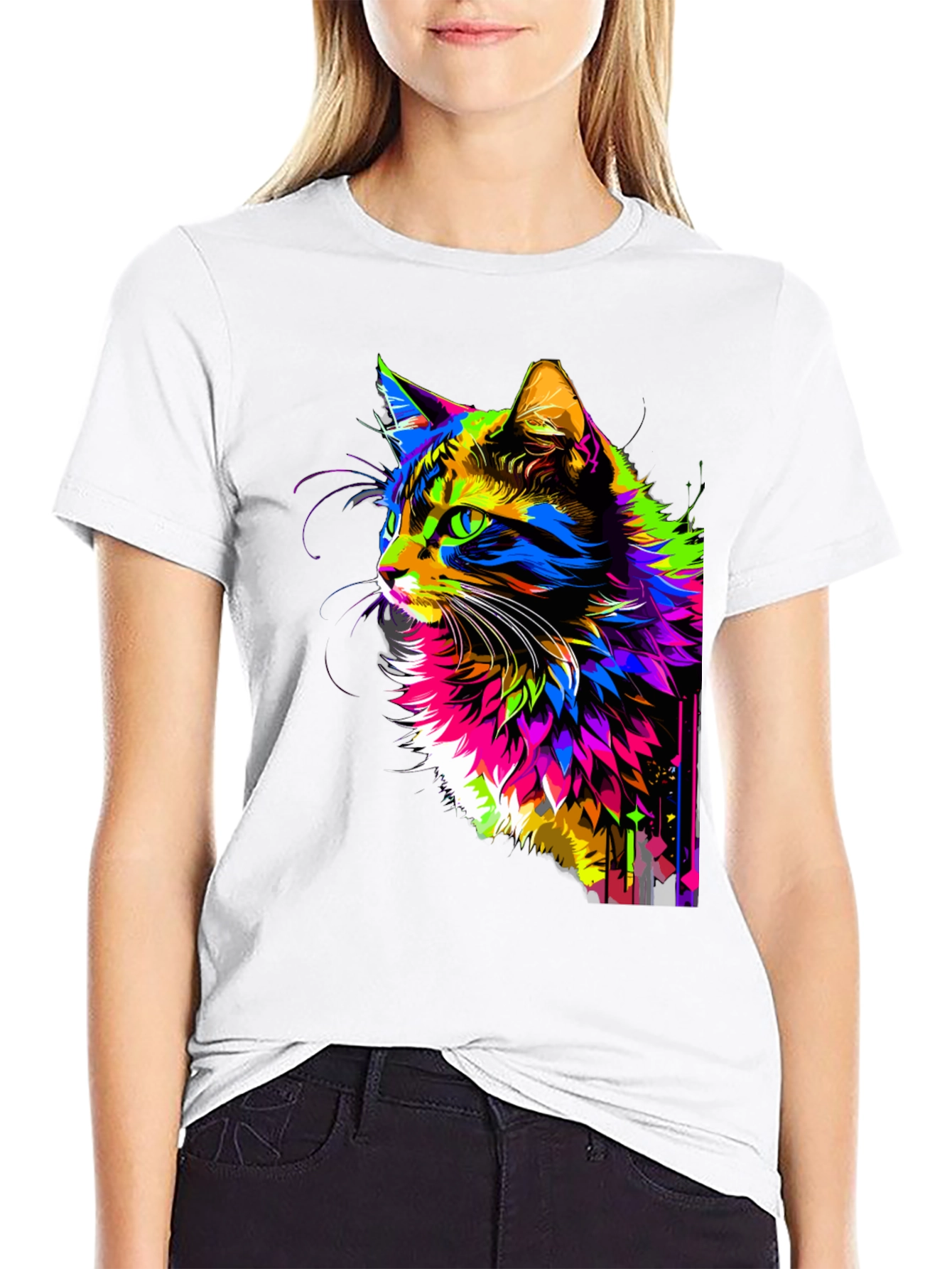 Vibrant Cat Graphic Black T-Shirt