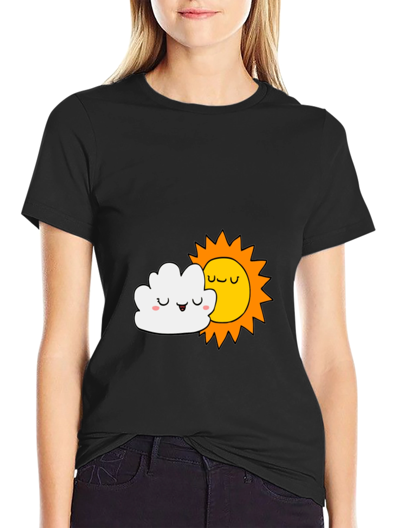 Cute Sun & Cloud Graphic Black T-Shirt