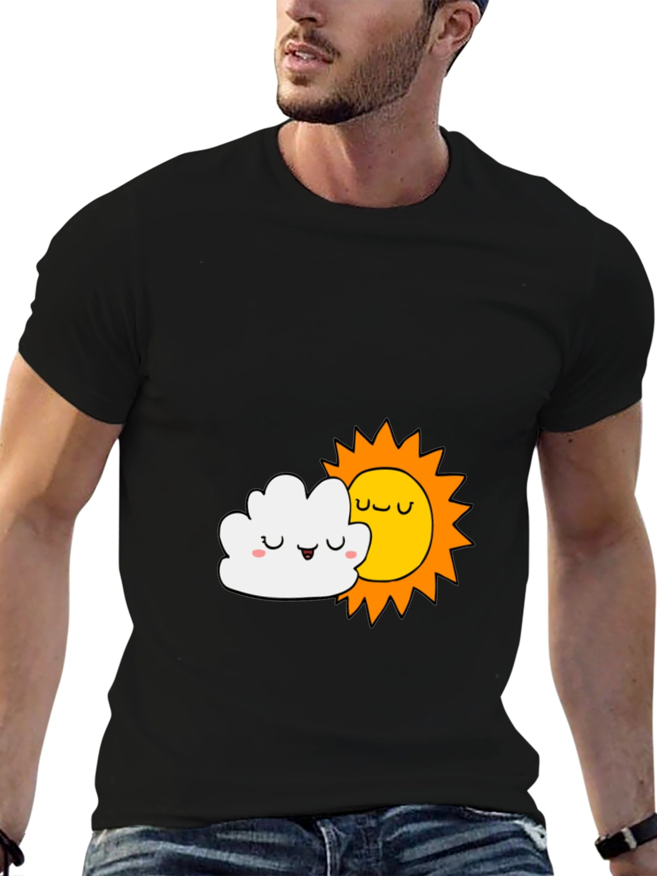 Cute Sun & Cloud Graphic Black T-Shirt