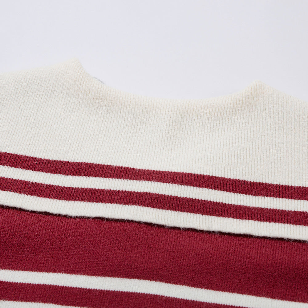 Navy Collar Knit Sweater Loose Fit Casual Crewneck Color-block Striped Knit Top