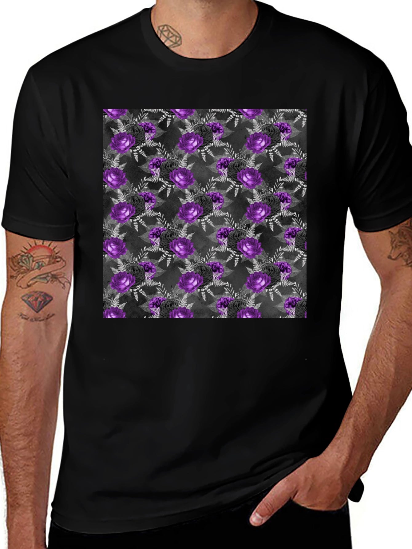 Gothic Floral T-Shirt - Purple & Black Roses