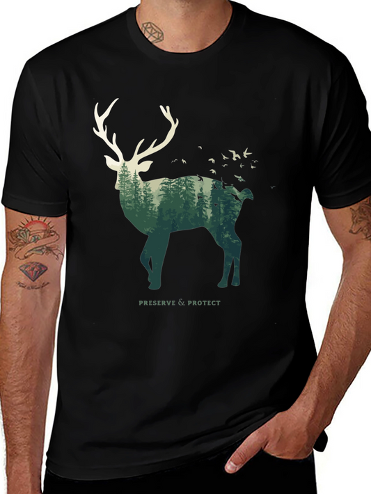 Deer Forest Graphic Tee - Nature Lovers Black T-Shirt