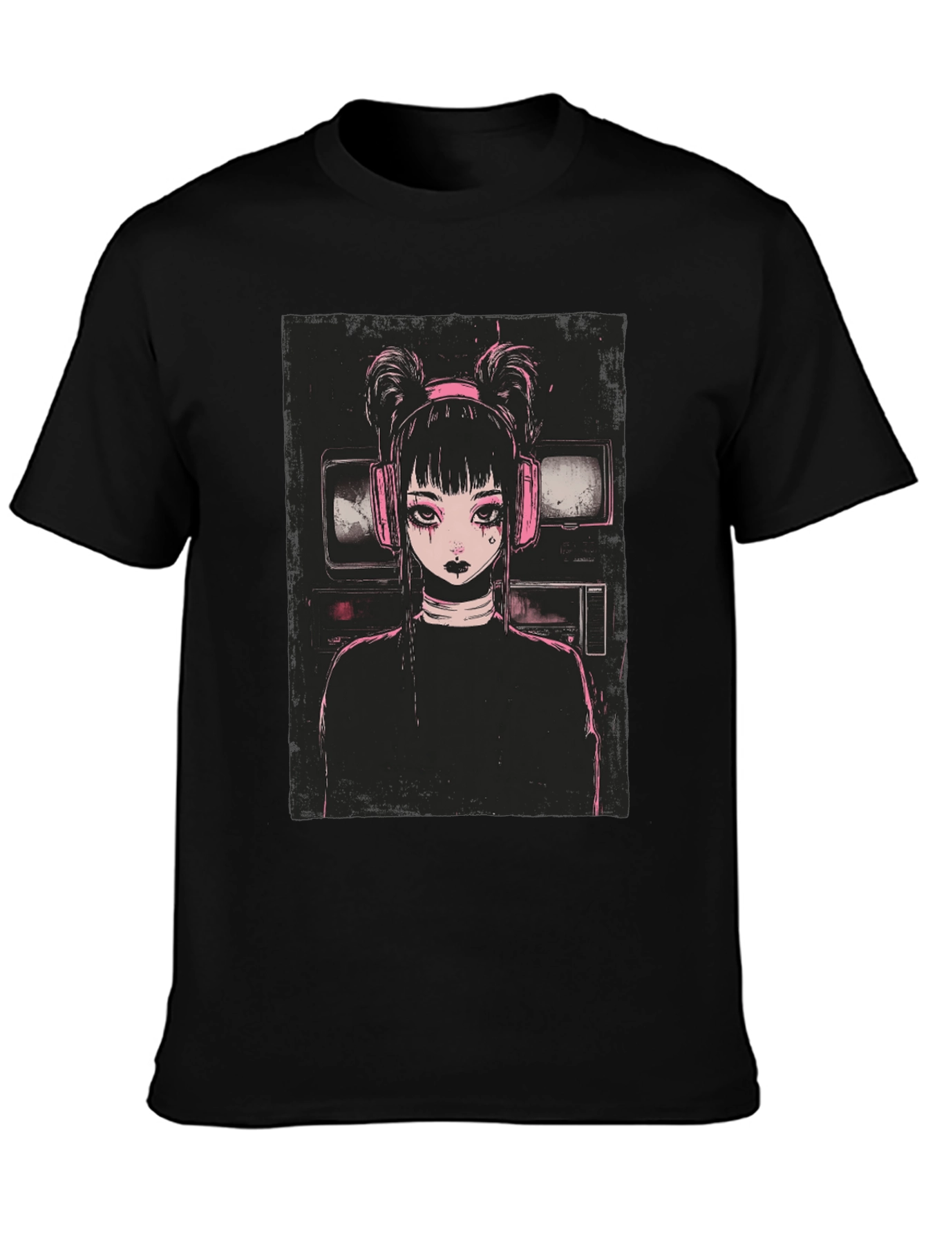 Anime Girl Graphic Tee - Black Cotton Blend