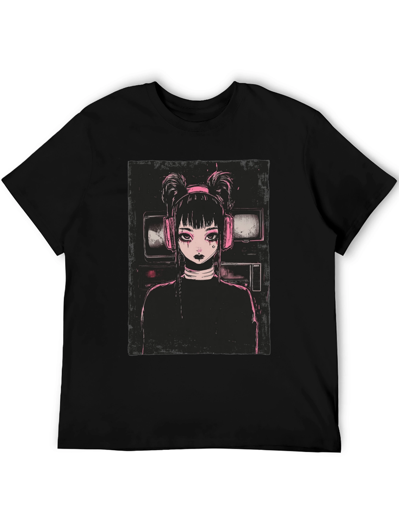Anime Girl Graphic Tee - Black Cotton Blend