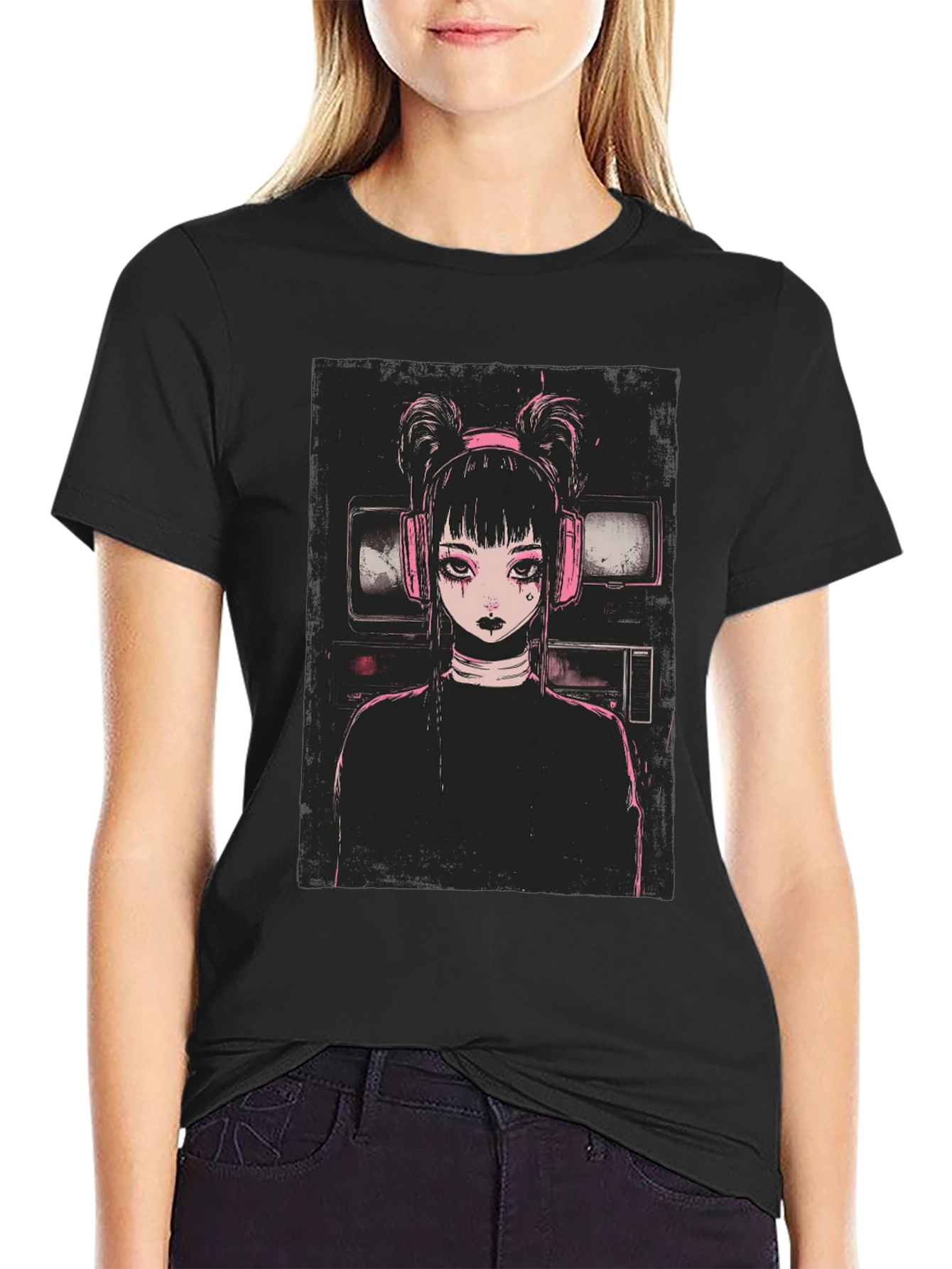 Anime Girl Graphic Tee - Black Cotton Blend