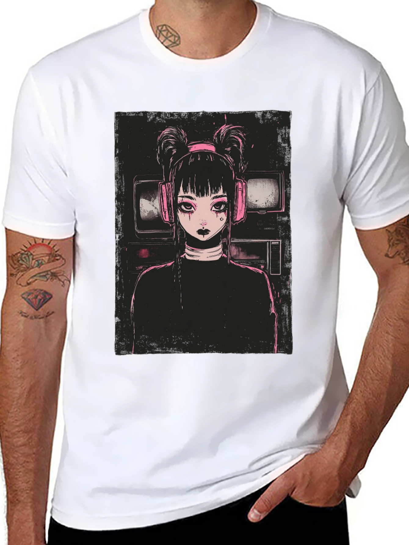 Anime Girl Graphic Tee - Black Cotton Blend