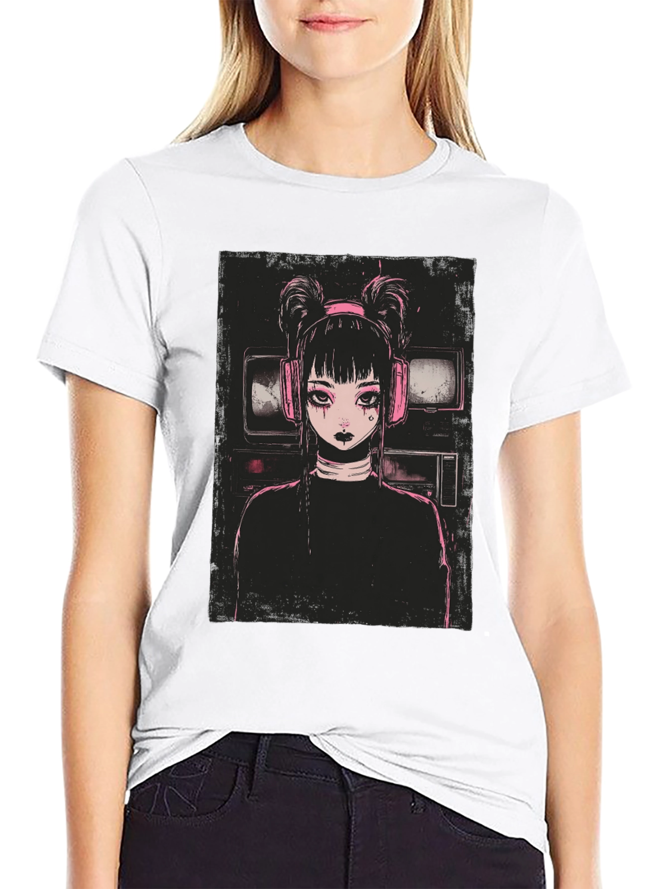 Anime Girl Graphic Tee - Black Cotton Blend