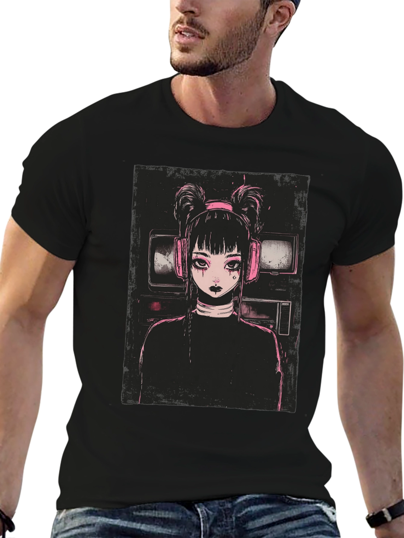 Anime Girl Graphic Tee - Black Cotton Blend