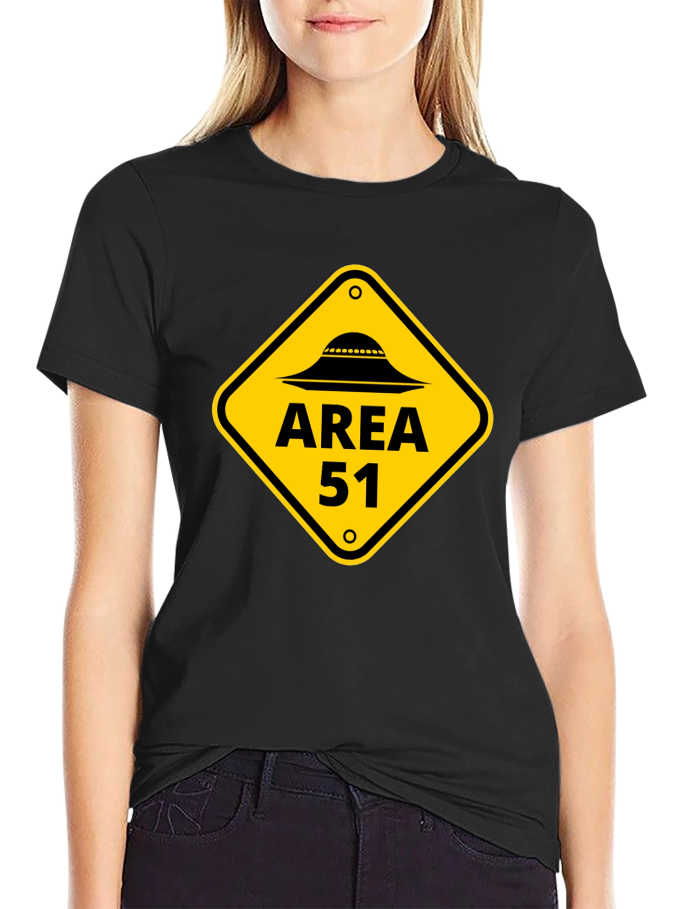 Area 51 Alien UFO Graphic Tee - Black Cotton