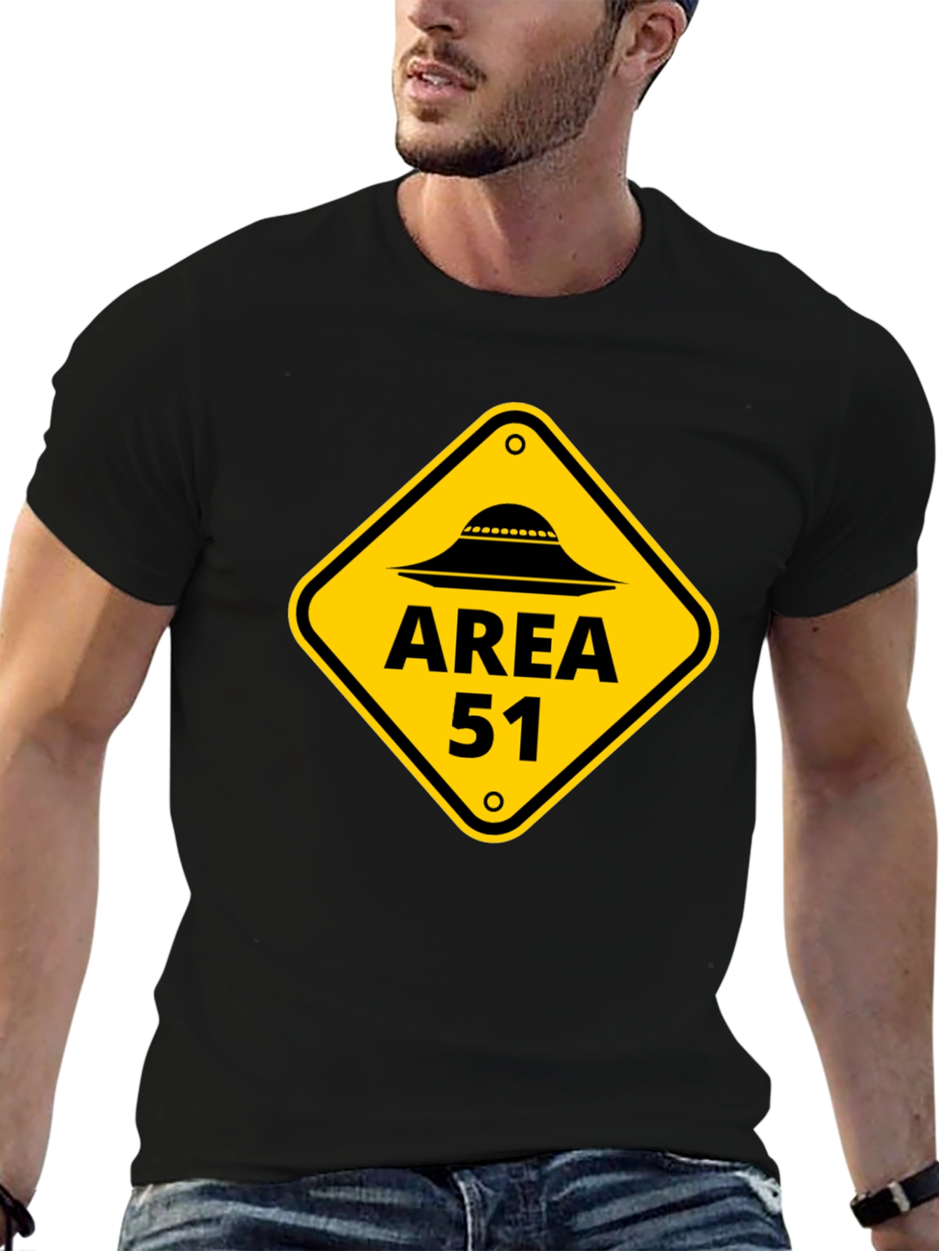 Area 51 Alien UFO Graphic Tee - Black Cotton