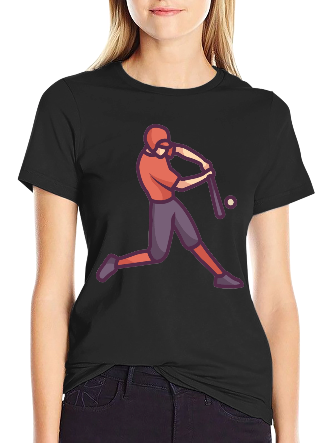 Baseball Player Graphic Tee - Black Cotton T-Shirt