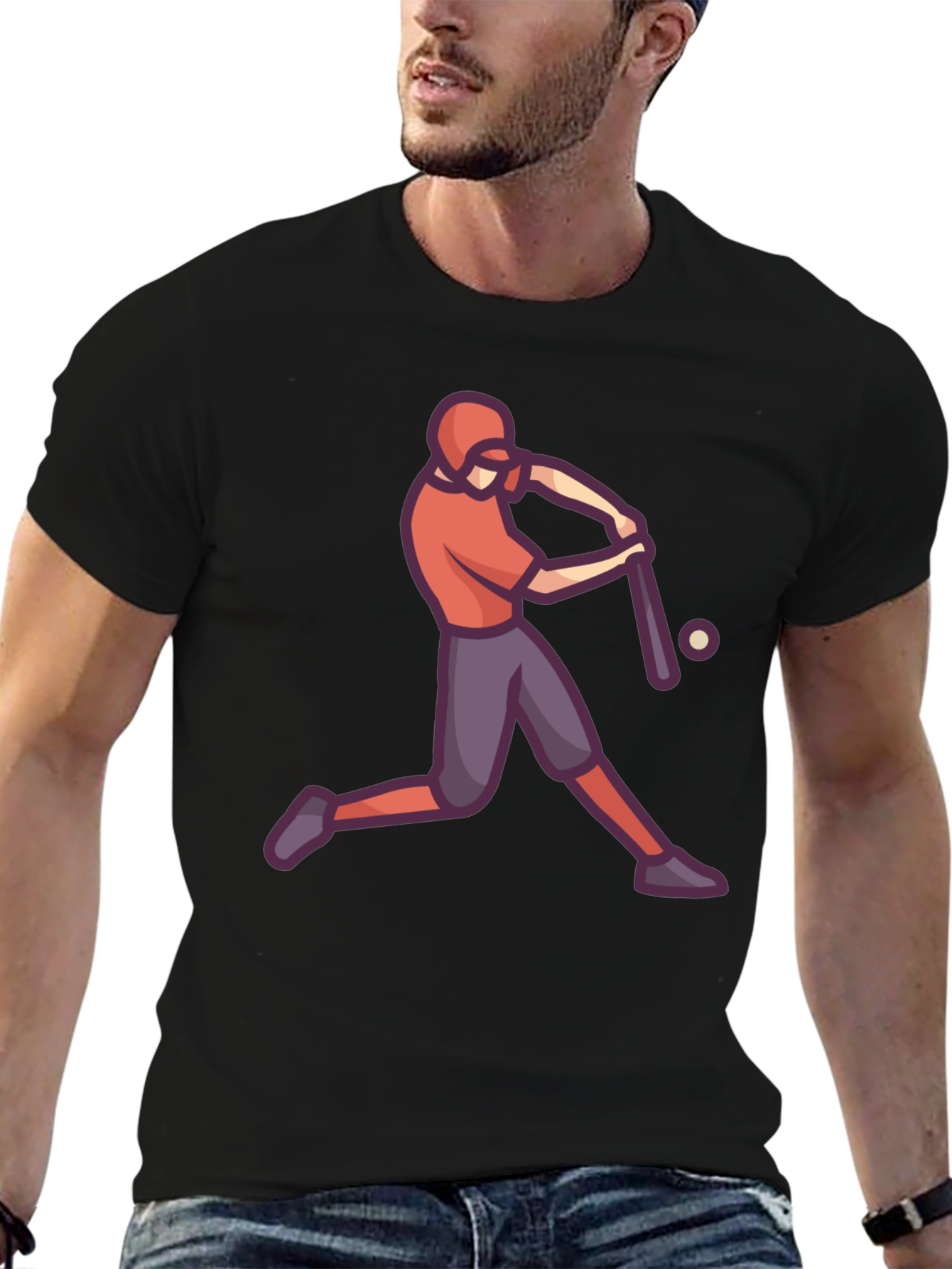 Baseball Player Graphic Tee - Black Cotton T-Shirt