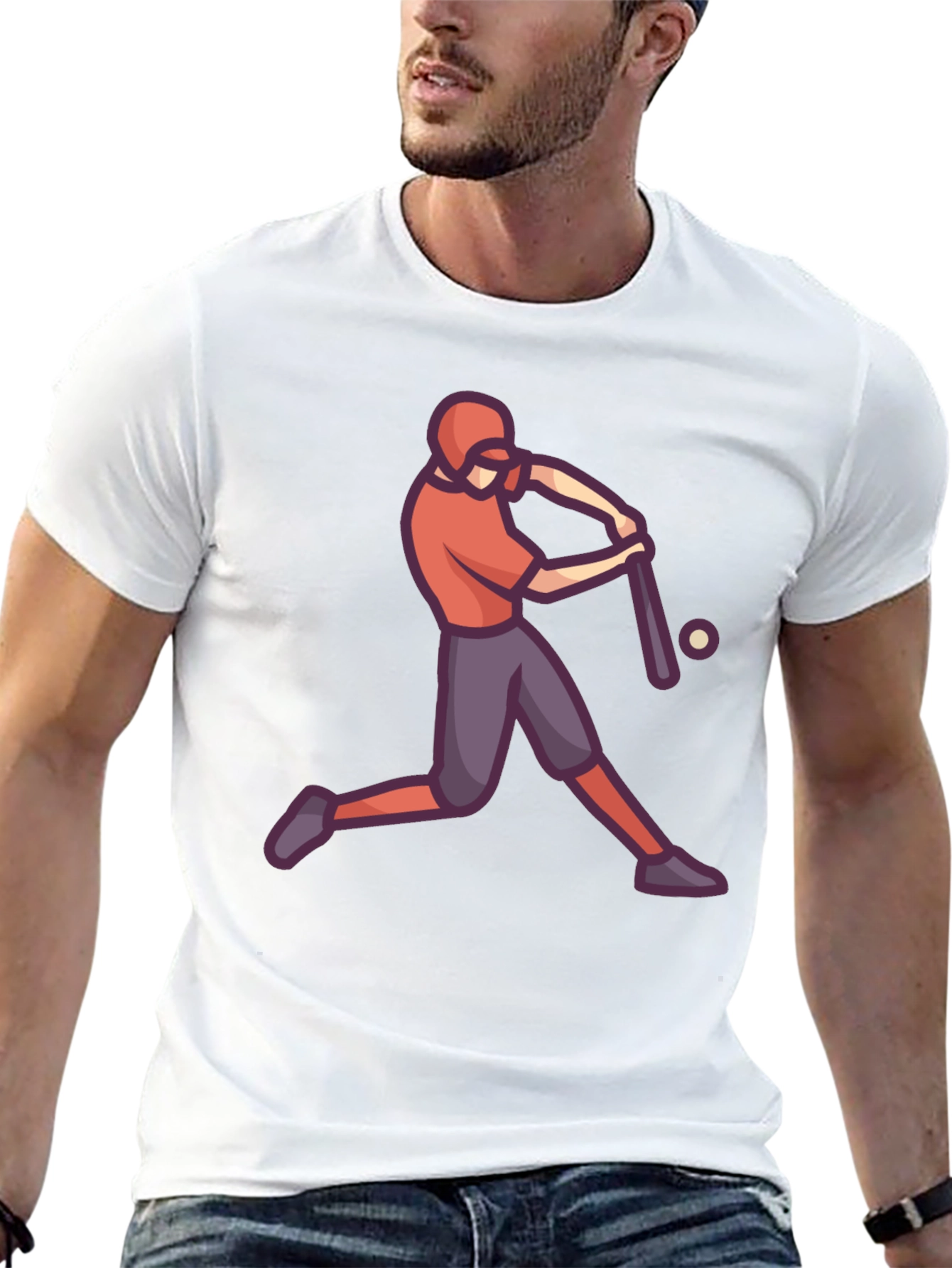 Baseball Player Graphic Tee - Black Cotton T-Shirt