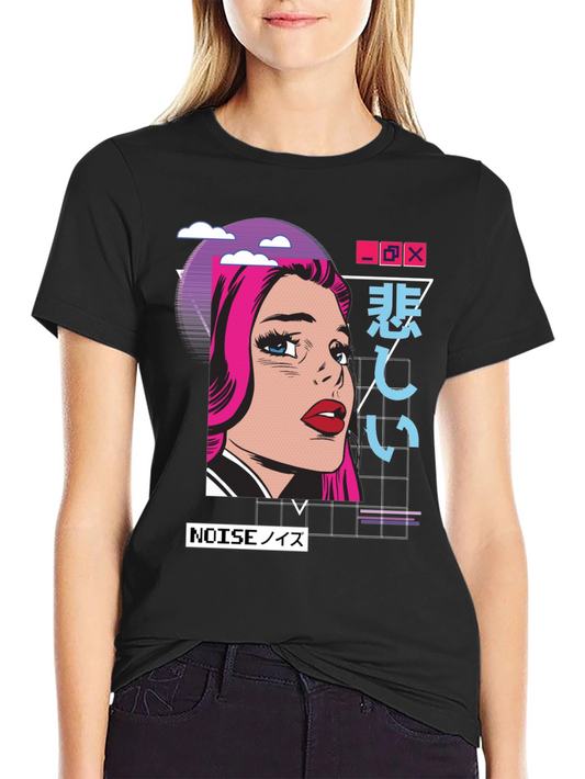 Retro Anime Girl Graphic T-Shirt - Black