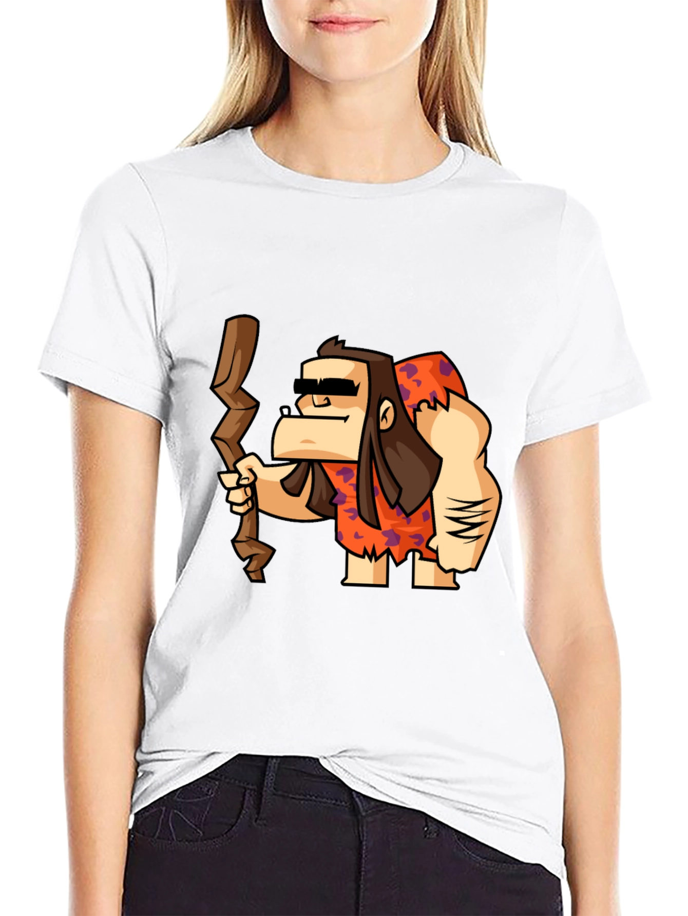 Cartoon Caveman Graphic Tee - Black Cotton T-Shirt