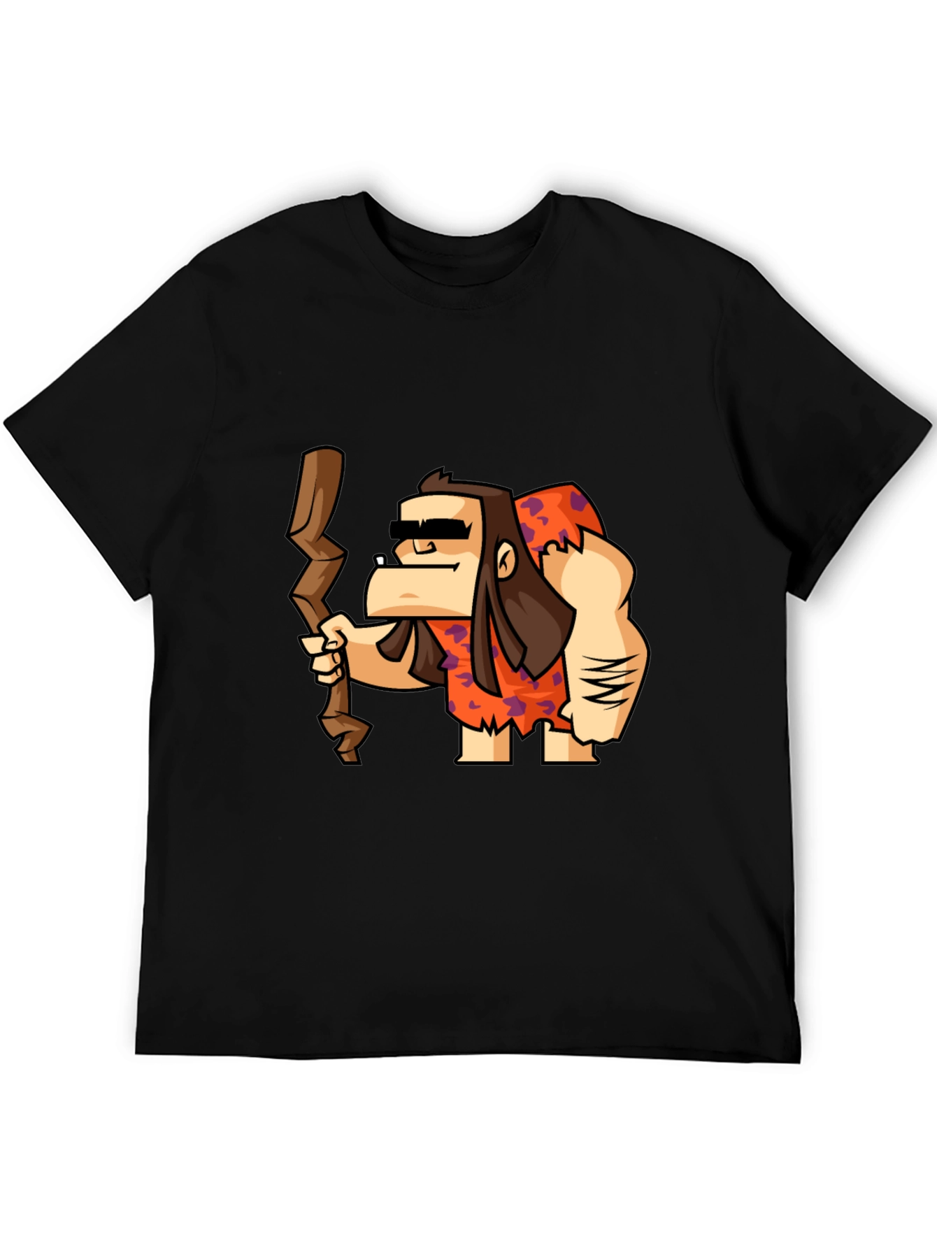 Cartoon Caveman Graphic Tee - Black Cotton T-Shirt