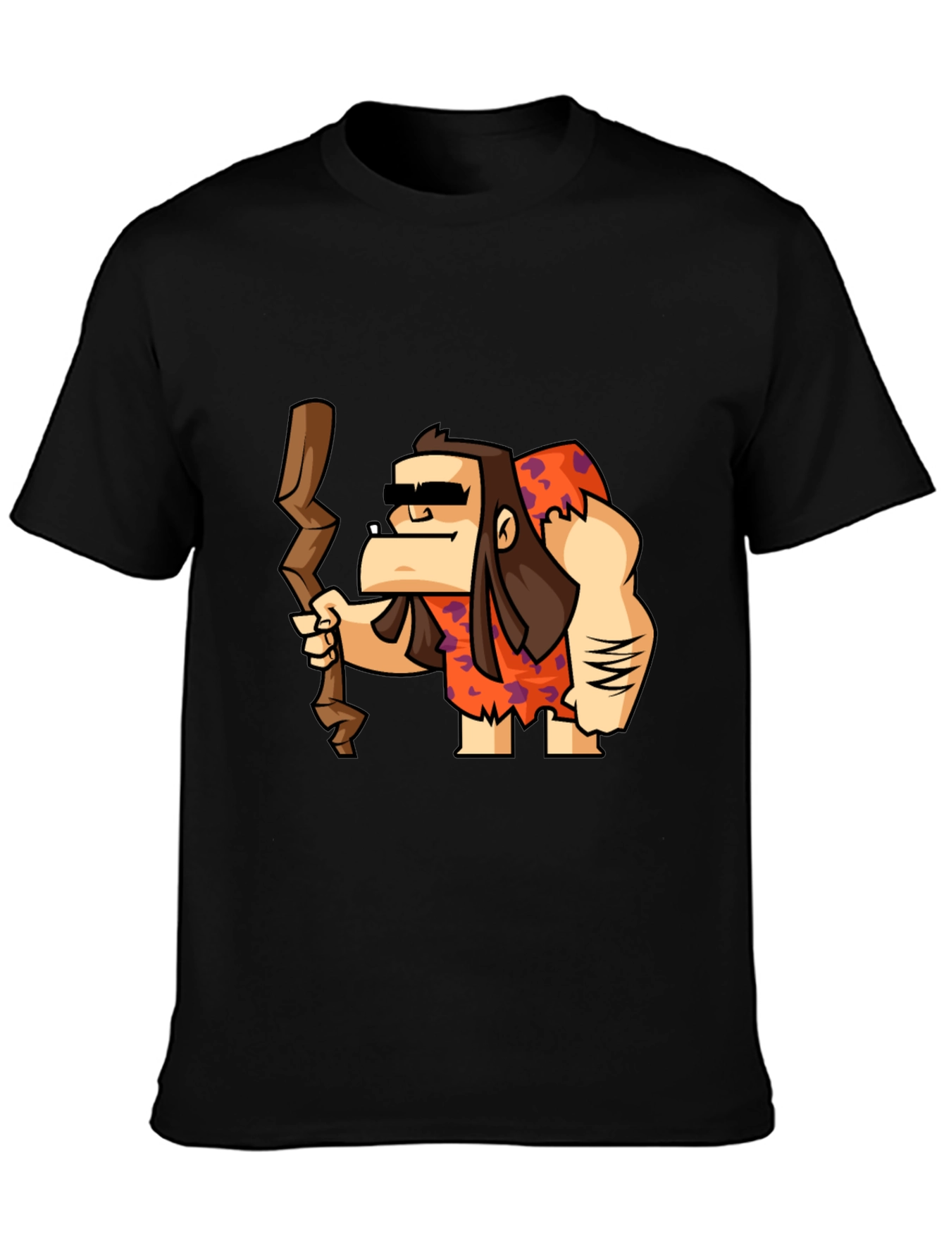 Cartoon Caveman Graphic Tee - Black Cotton T-Shirt