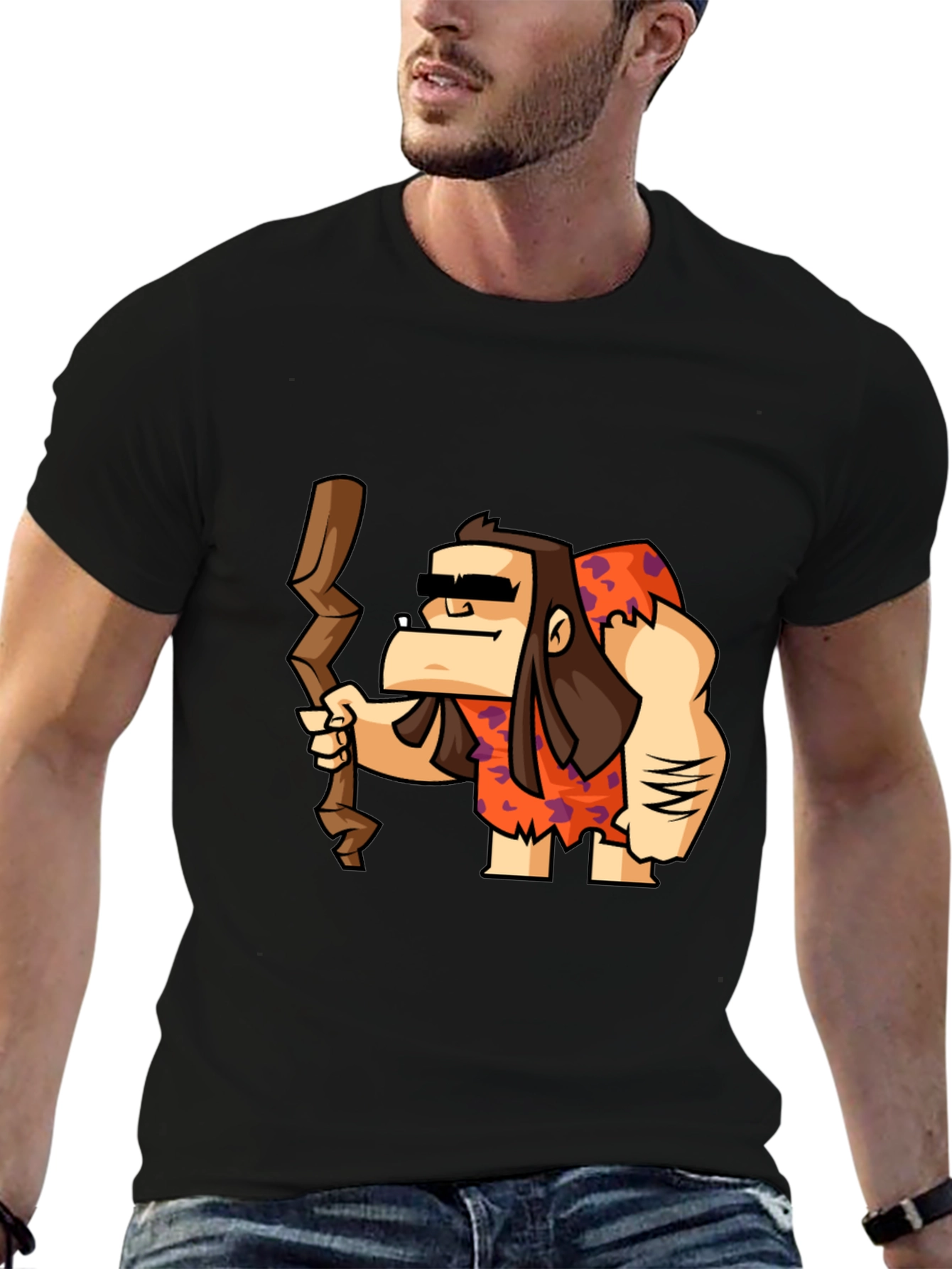 Cartoon Caveman Graphic Tee - Black Cotton T-Shirt