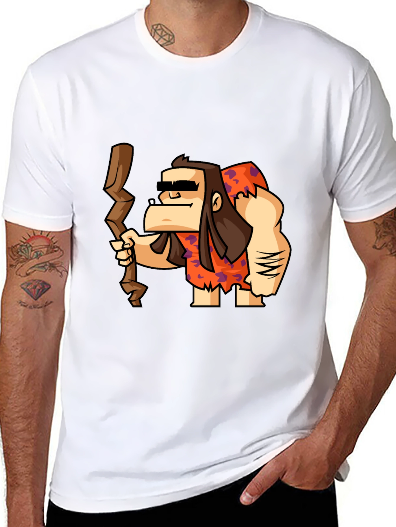 Cartoon Caveman Graphic Tee - Black Cotton T-Shirt