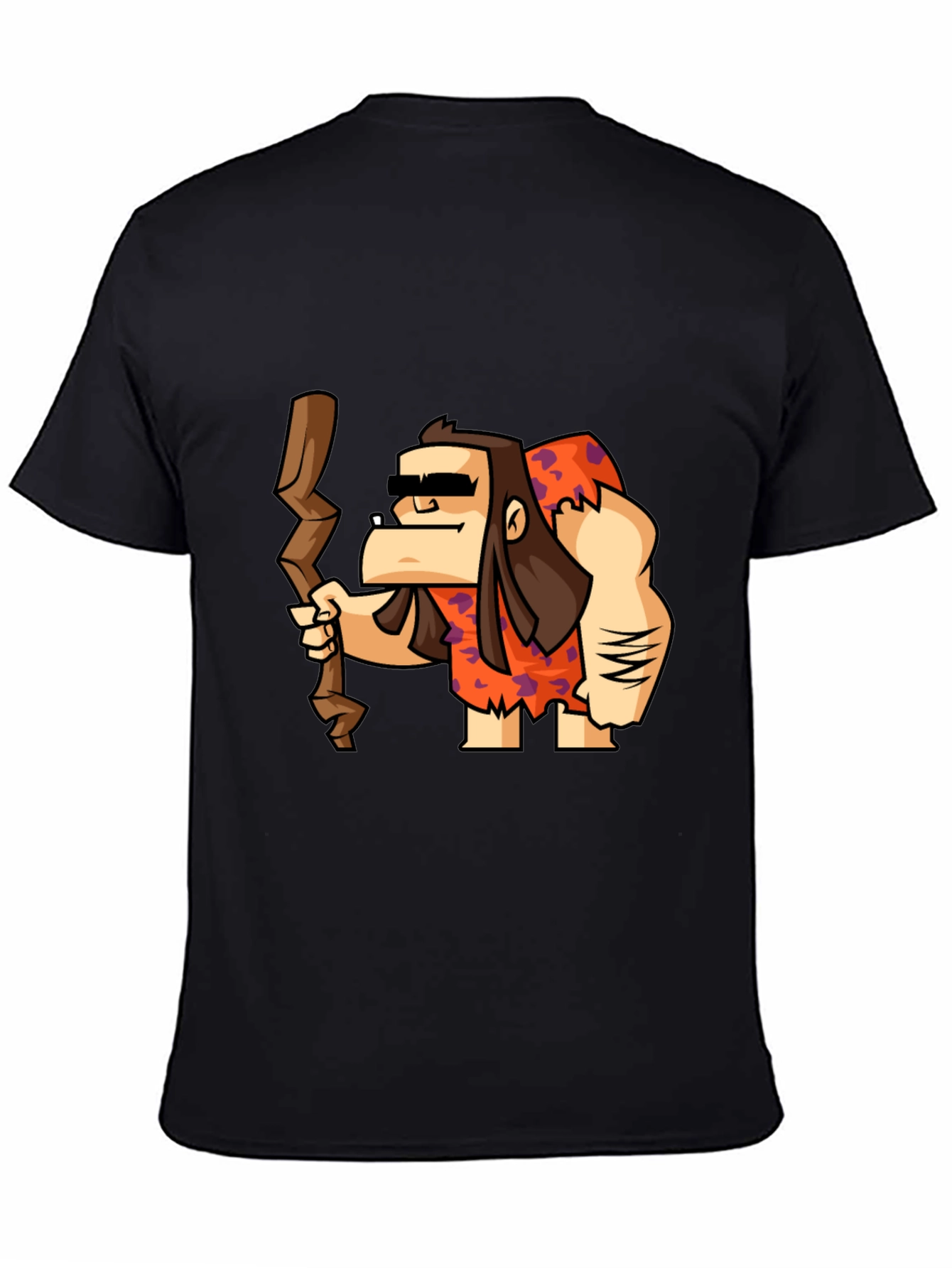 Cartoon Caveman Graphic Tee - Black Cotton T-Shirt