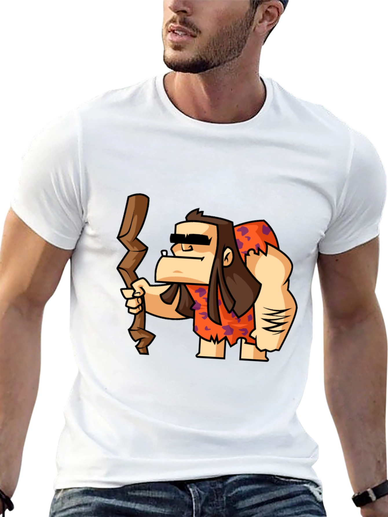 Cartoon Caveman Graphic Tee - Black Cotton T-Shirt