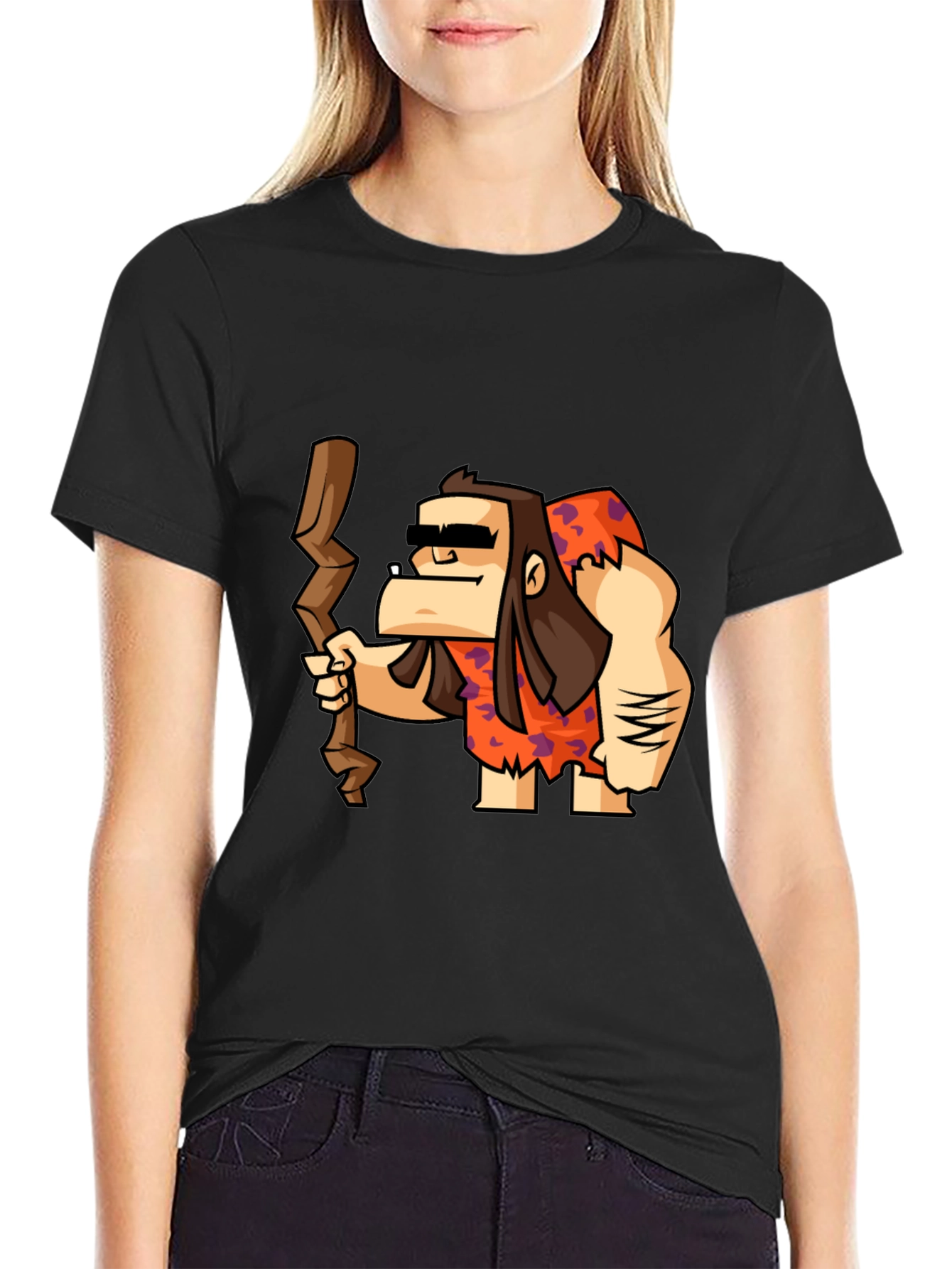 Cartoon Caveman Graphic Tee - Black Cotton T-Shirt