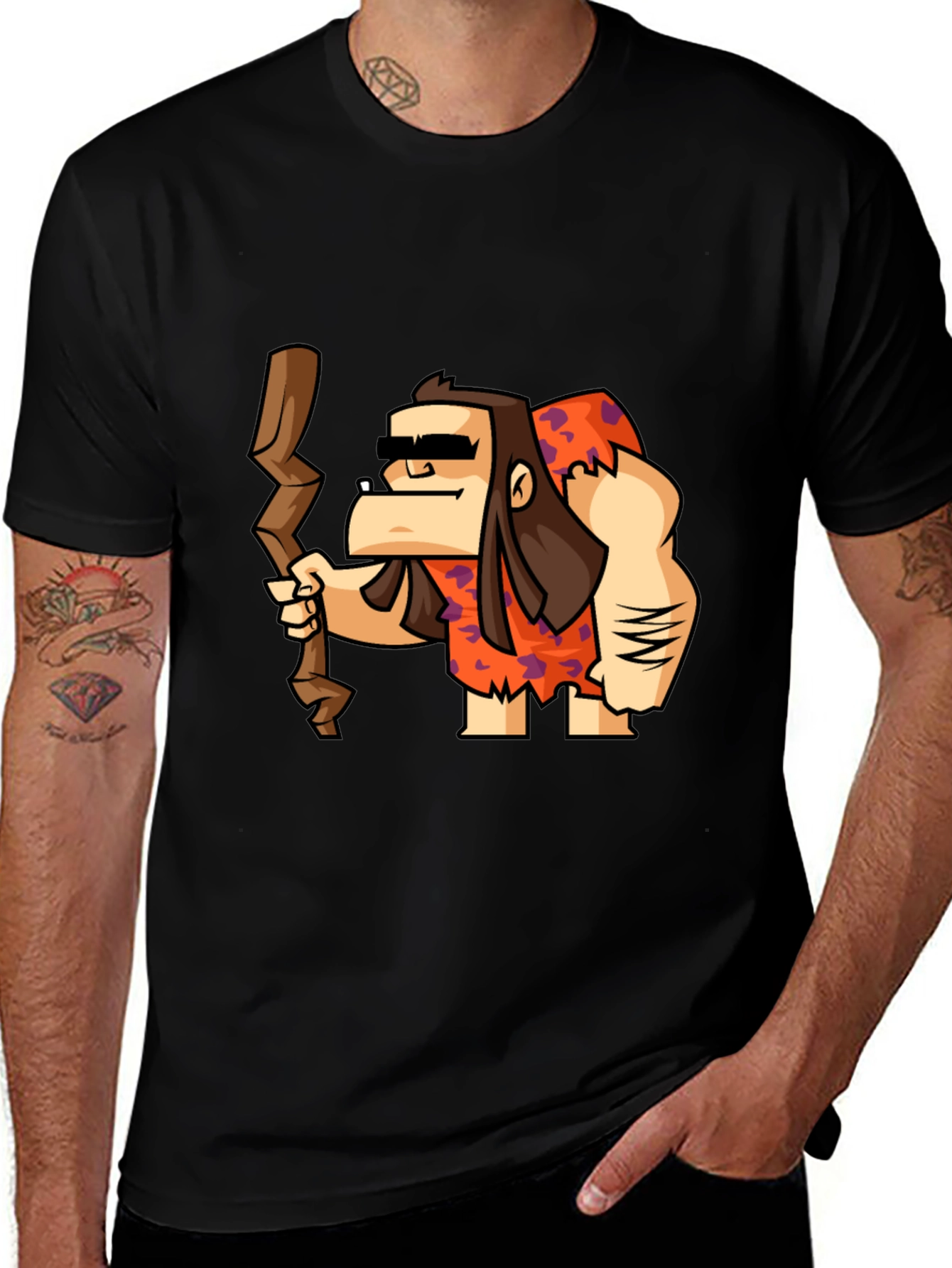 Cartoon Caveman Graphic Tee - Black Cotton T-Shirt