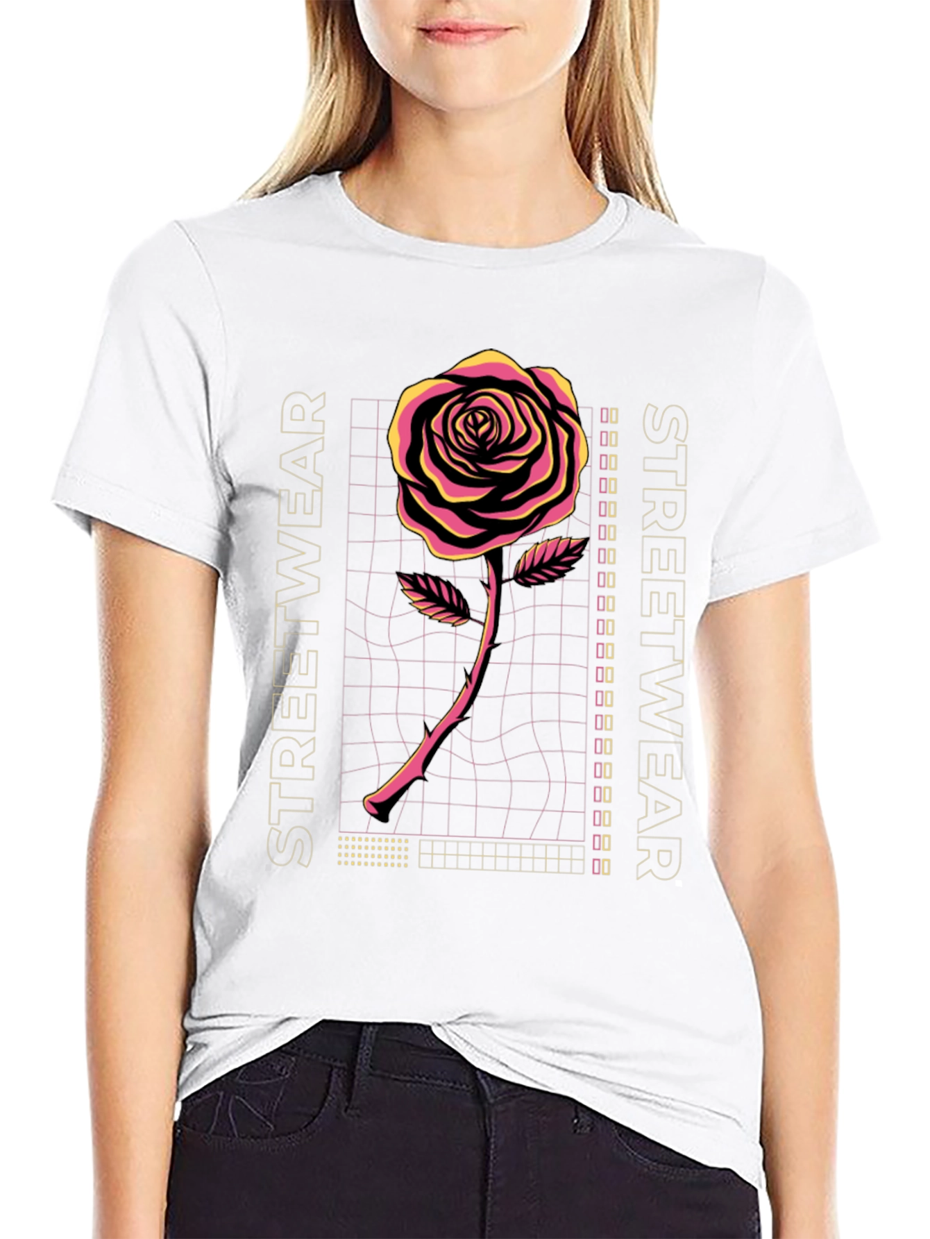 Retro Rose Streetwear Graphic Tee - Black