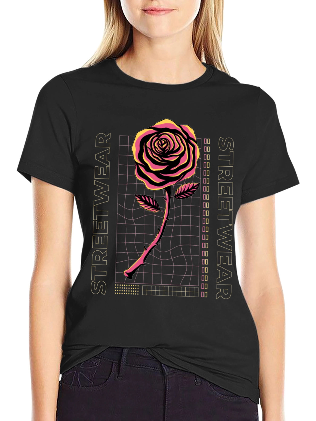 Retro Rose Streetwear Graphic Tee - Black